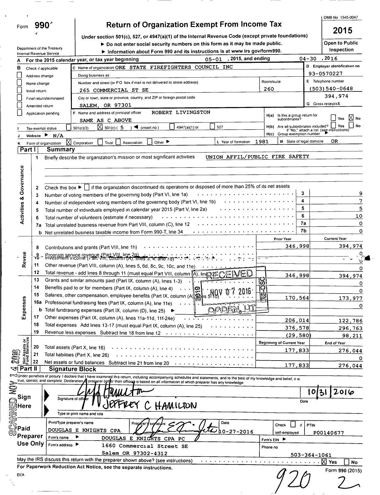 Image of first page of 2015 Form 990O for International Association of Fire Fighters - A0036 Oregon State Fire Fighters Co