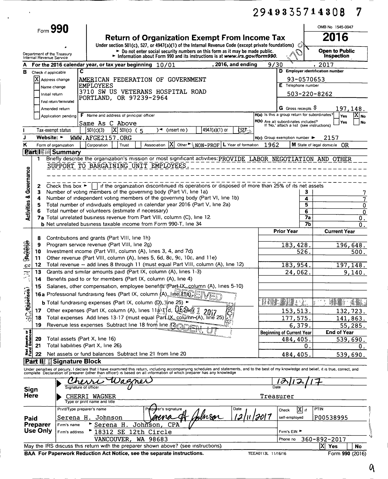 Image of first page of 2016 Form 990O for American Federation of Government Employees - 2157 Local AFGE Va