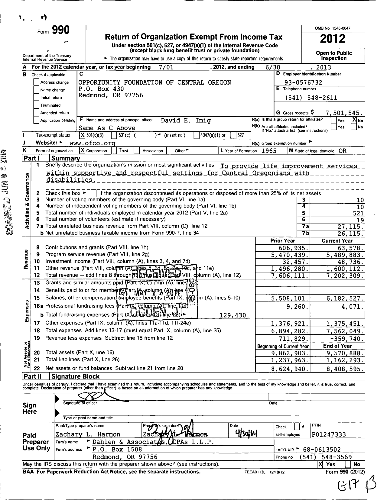 Image of first page of 2012 Form 990 for Opportunity Foundation of Central Oregon