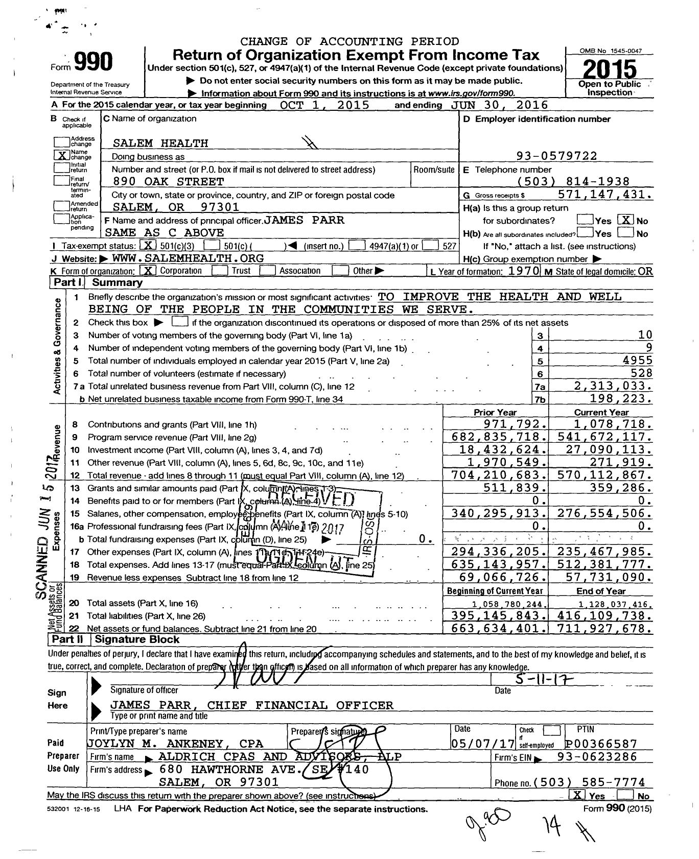 Image of first page of 2015 Form 990 for Salem Health