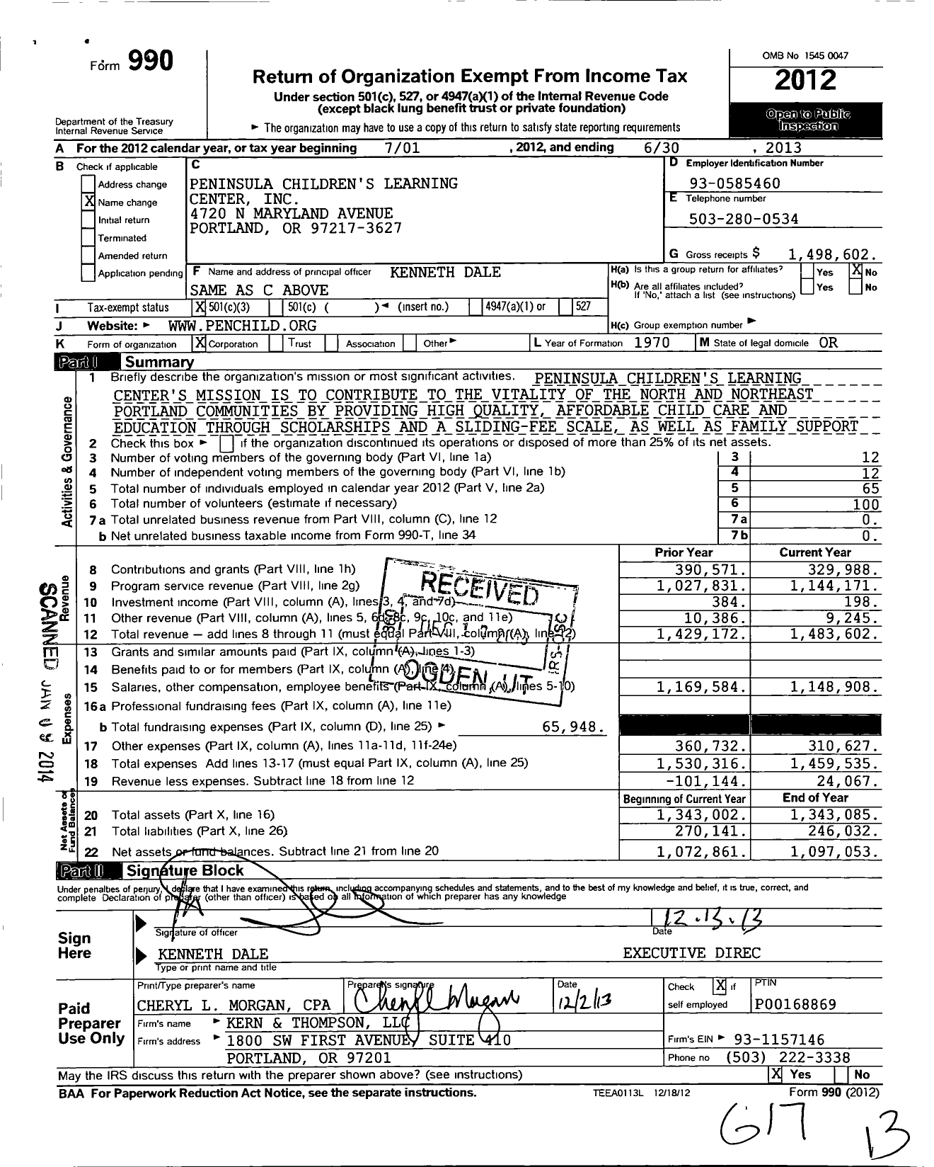 Image of first page of 2012 Form 990 for Peninsula Childrens Learning Center