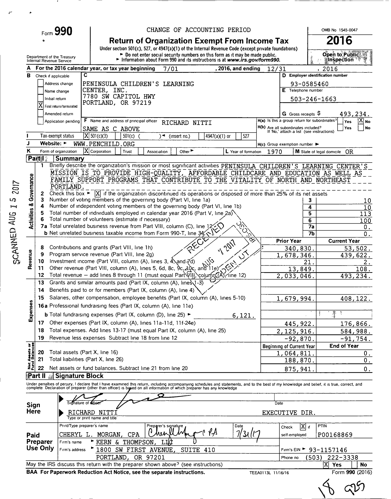 Image of first page of 2016 Form 990 for Peninsula Childrens Learning Center