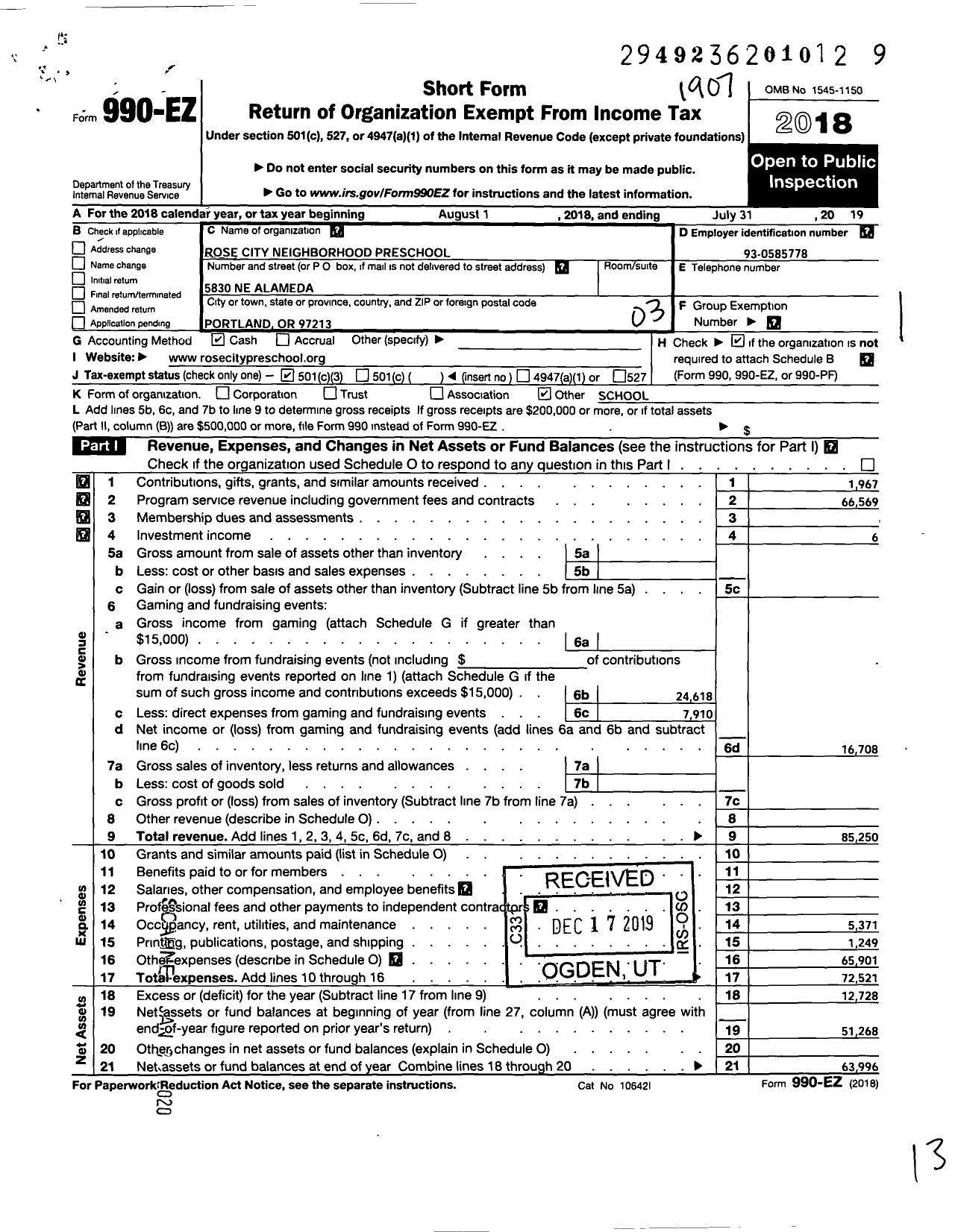 Image of first page of 2018 Form 990EZ for Rose City Neighborhood Preschool