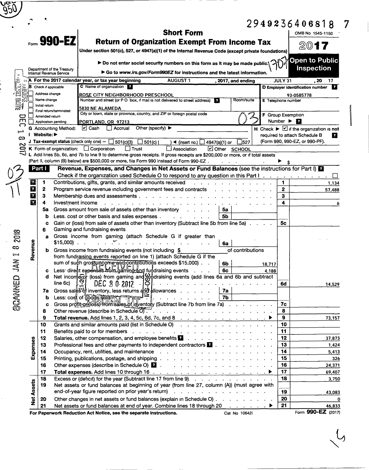 Image of first page of 2016 Form 990EZ for Rose City Neighborhood Preschool