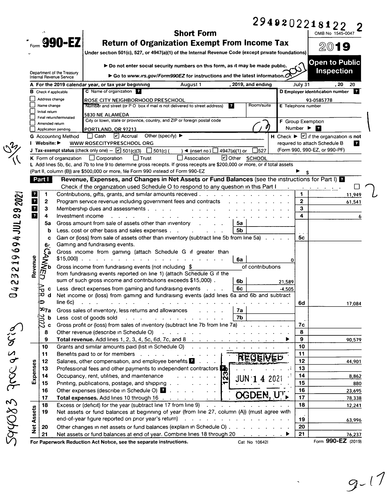 Image of first page of 2019 Form 990EZ for Rose City Neighborhood Preschool