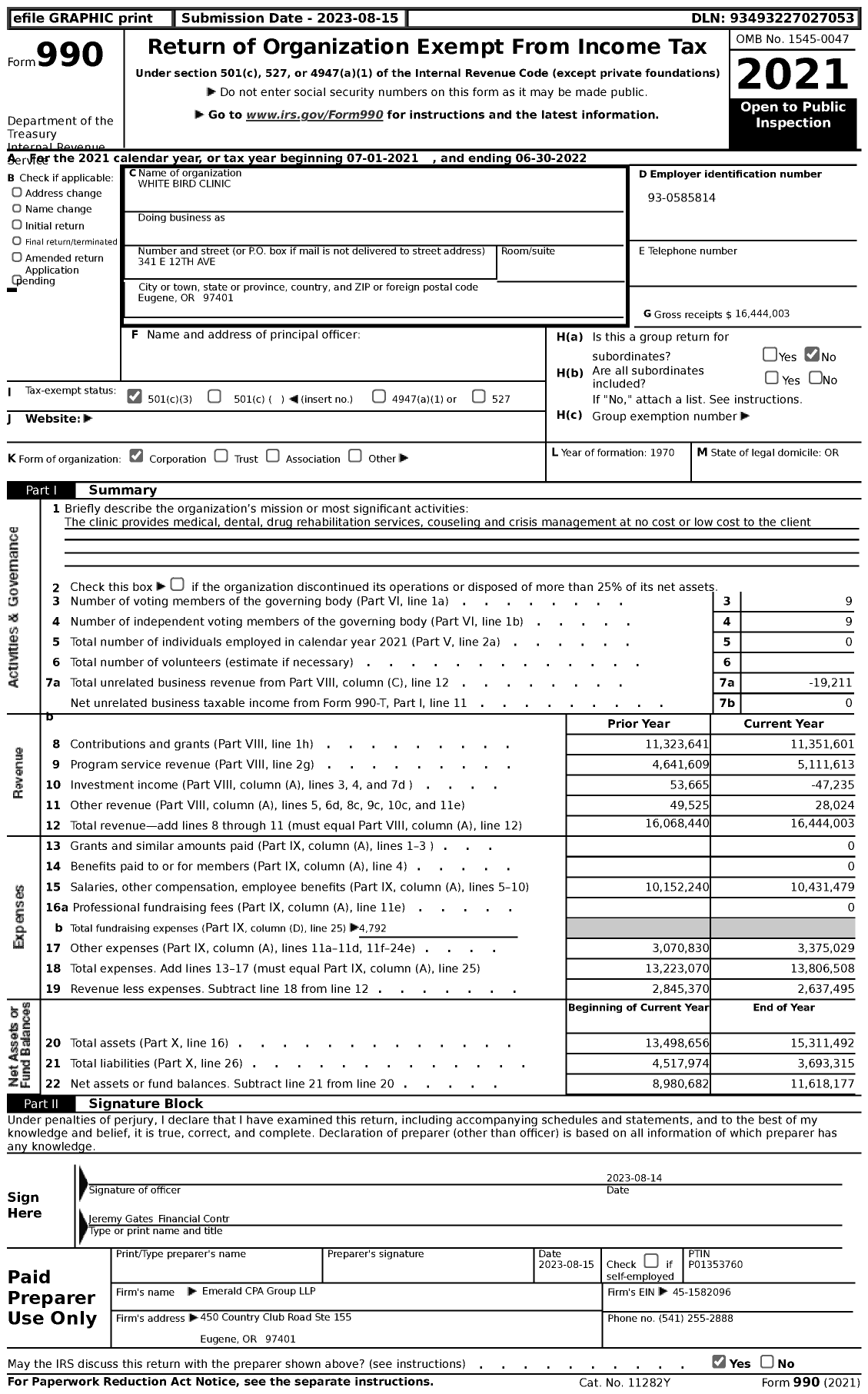 Image of first page of 2021 Form 990 for White Bird Clinic