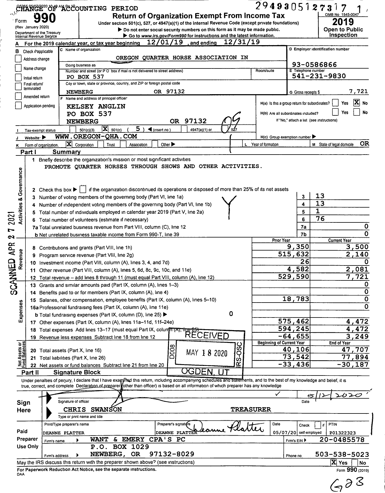 Image of first page of 2019 Form 990O for Oregon Quarter Horse Association in