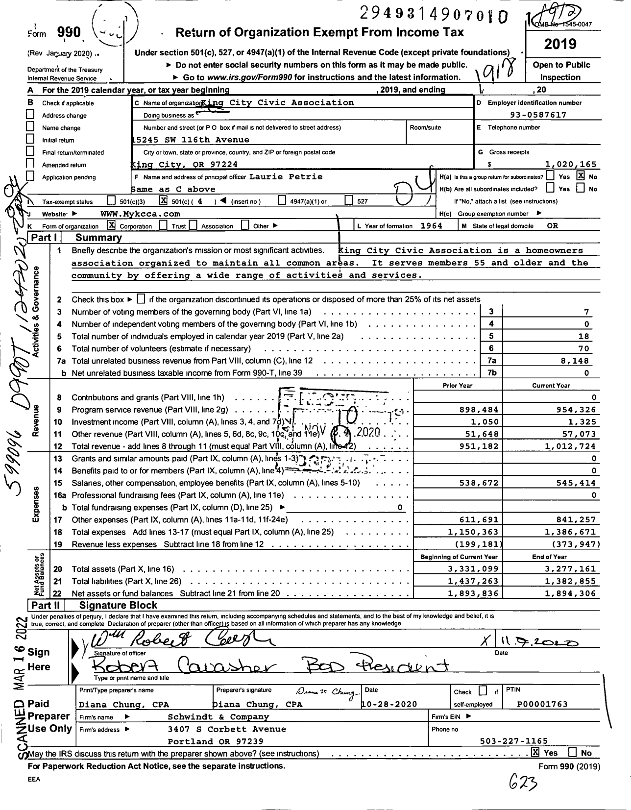 Image of first page of 2019 Form 990O for King City Civic Association