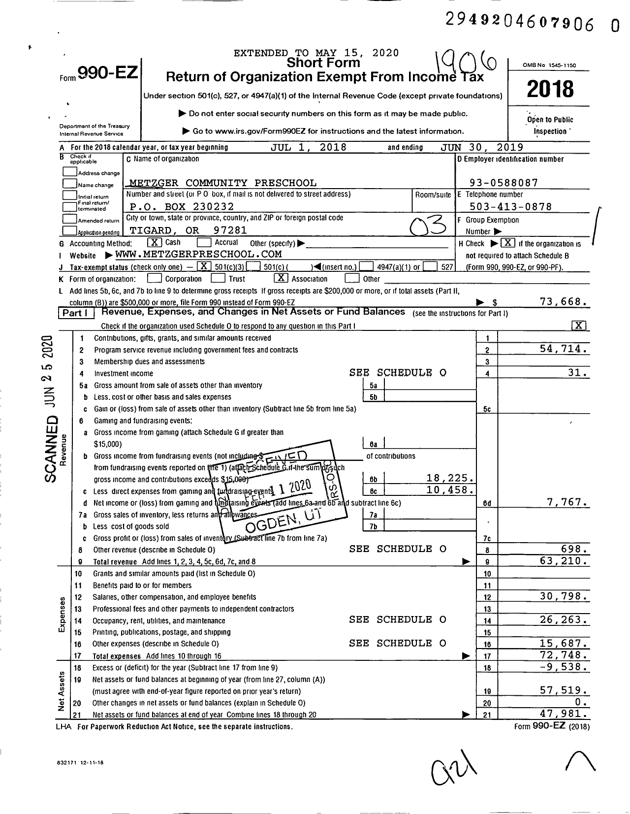Image of first page of 2018 Form 990EZ for Metzger Community Preschool