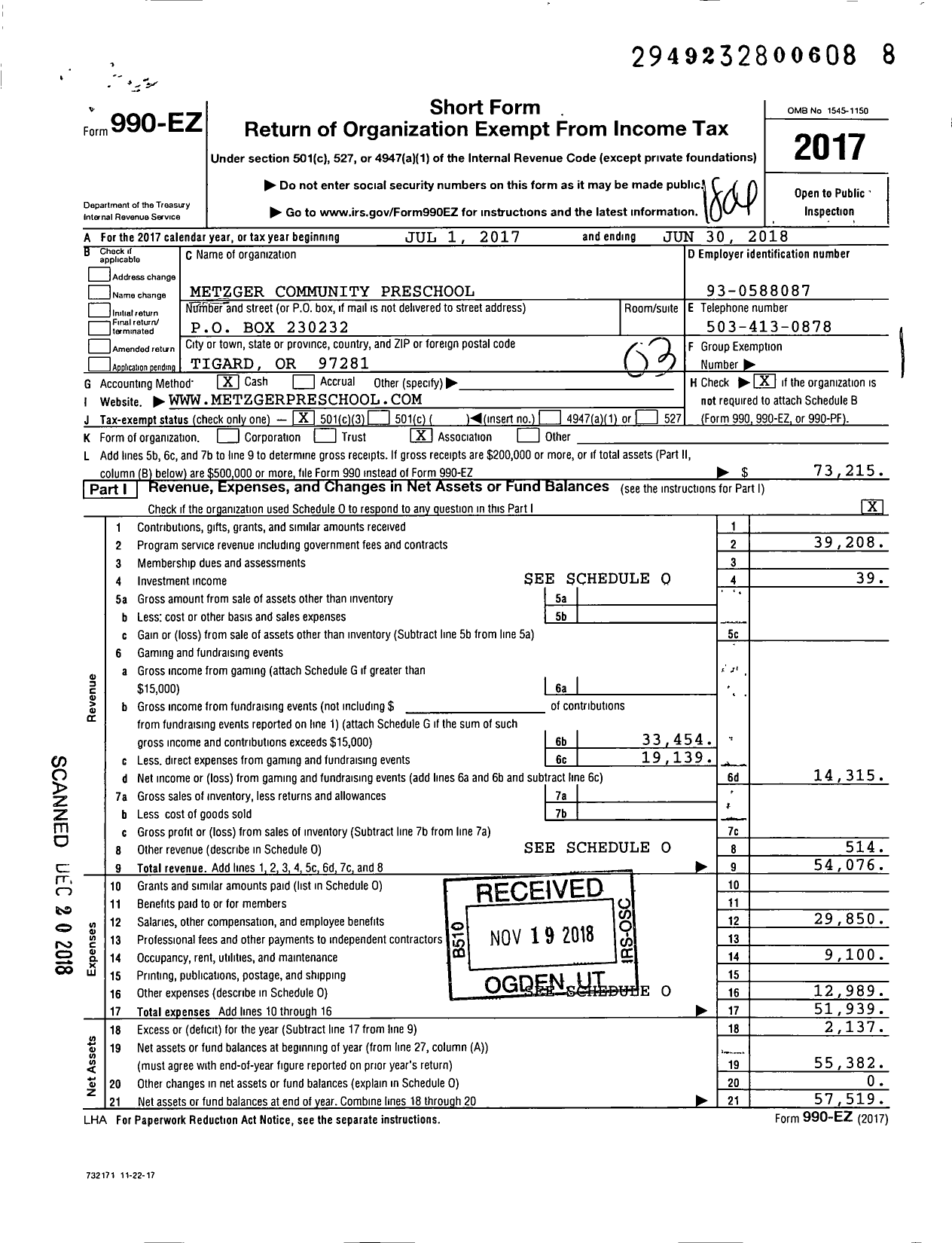 Image of first page of 2017 Form 990EZ for Metzger Community Preschool