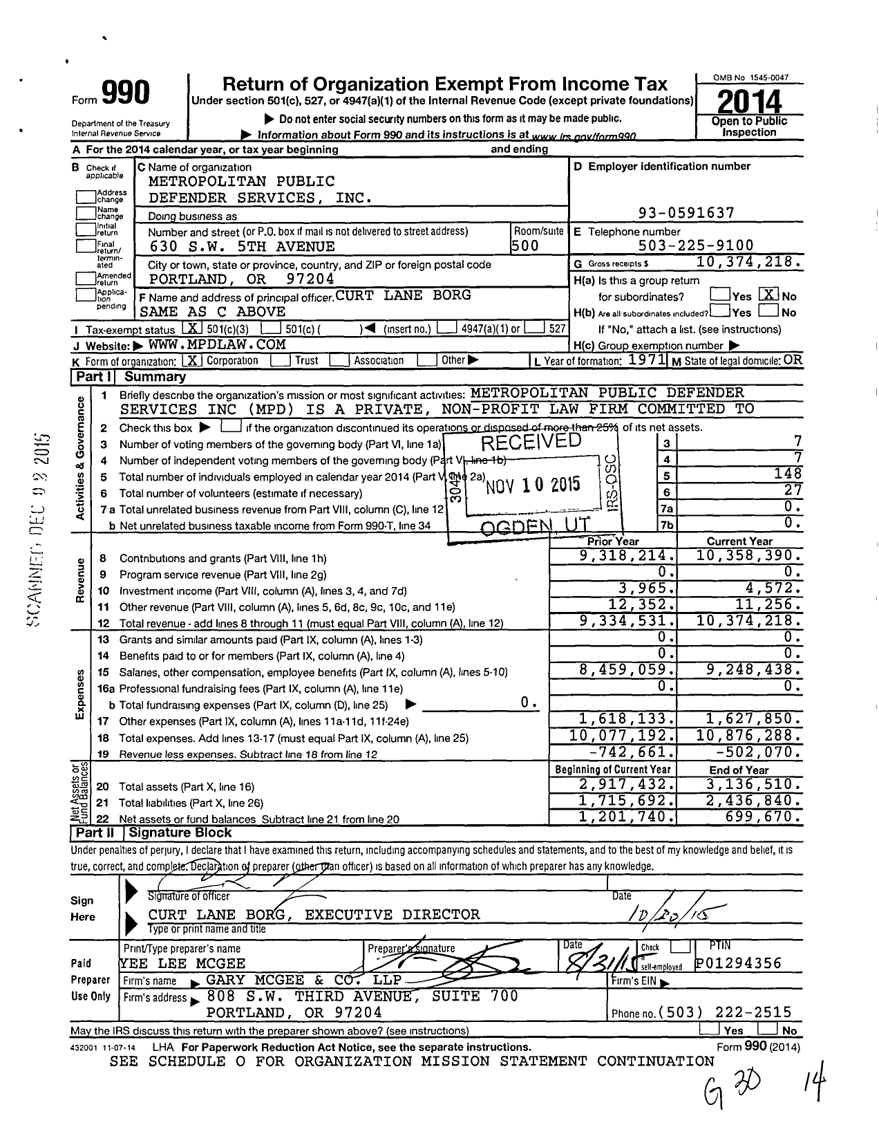 Image of first page of 2014 Form 990 for Metropolitan Public Defender Services