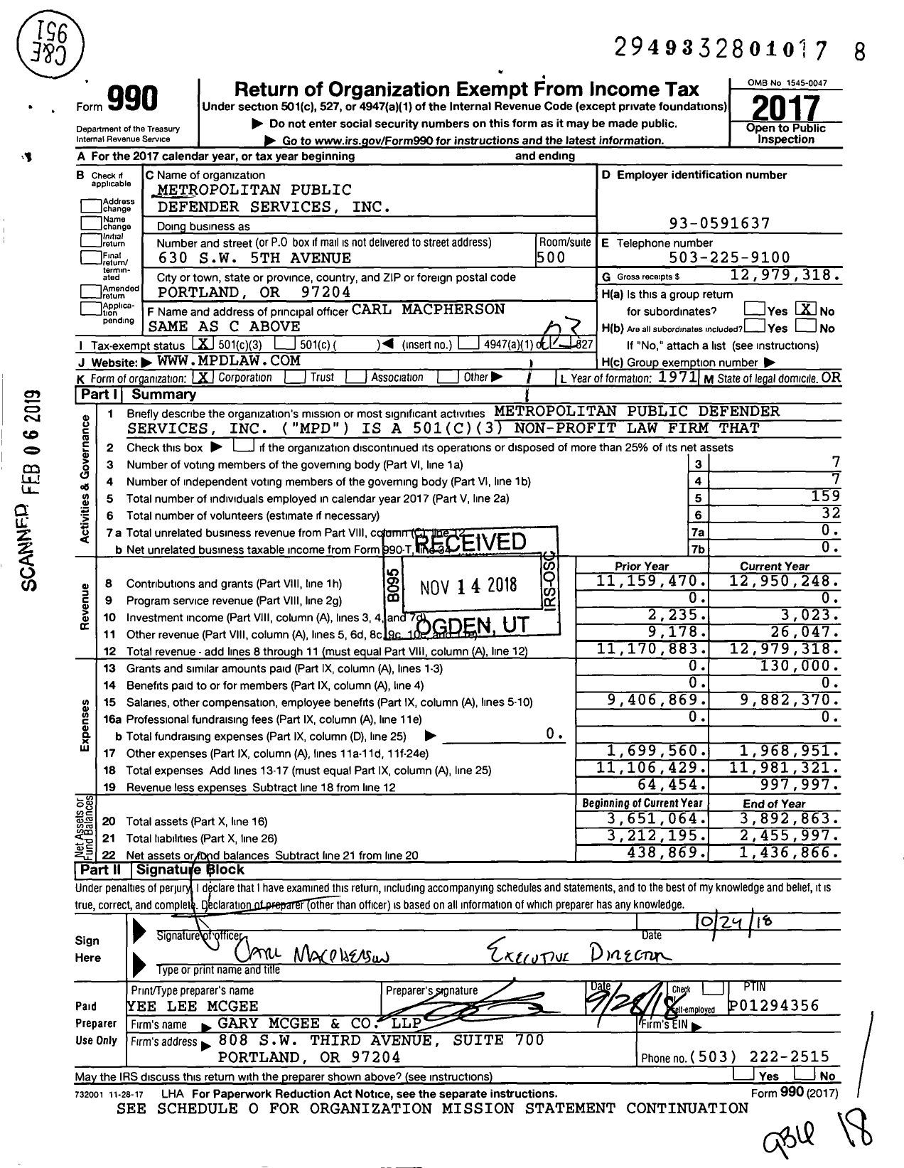 Image of first page of 2017 Form 990 for Metropolitan Public Defender Services
