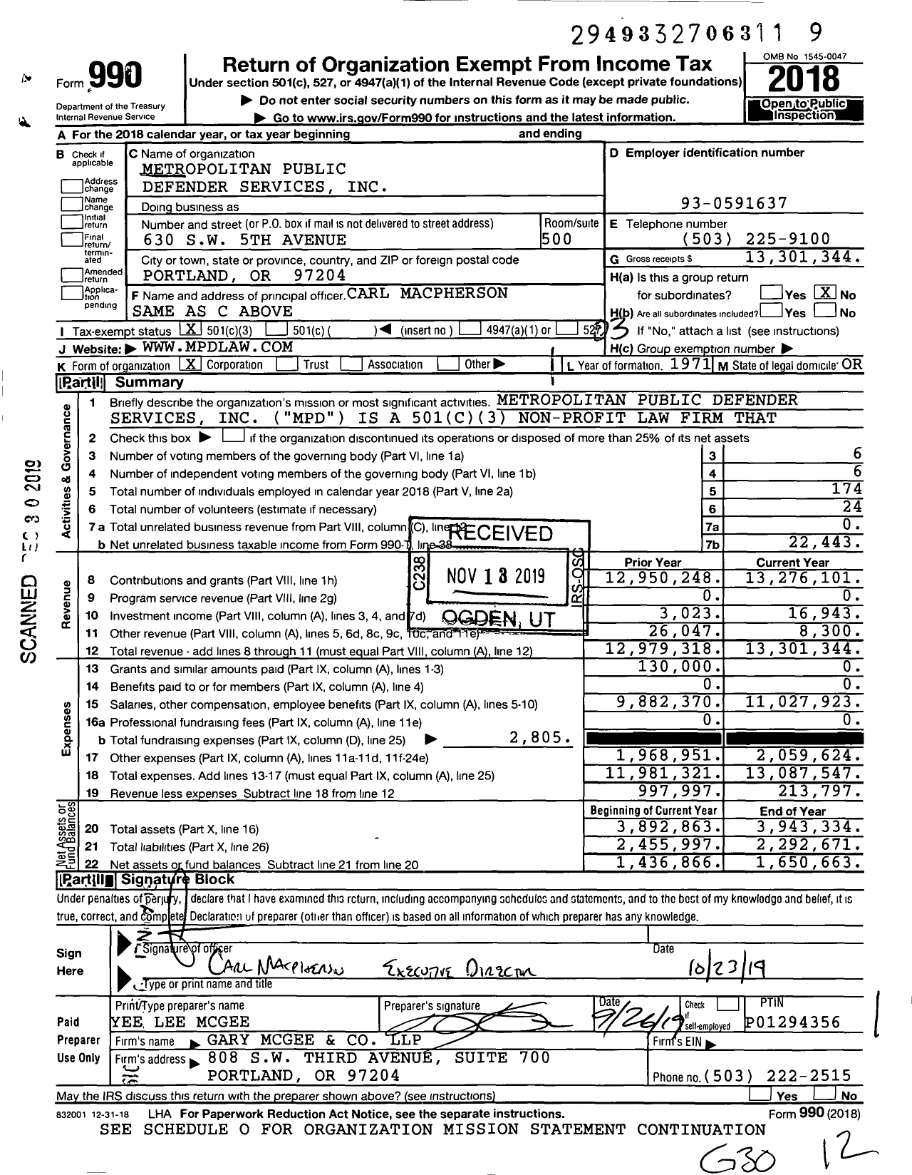 Image of first page of 2018 Form 990 for Metropolitan Public Defender Services