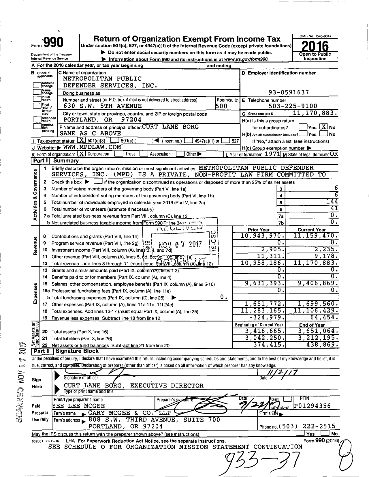 Image of first page of 2016 Form 990 for Metropolitan Public Defender Services
