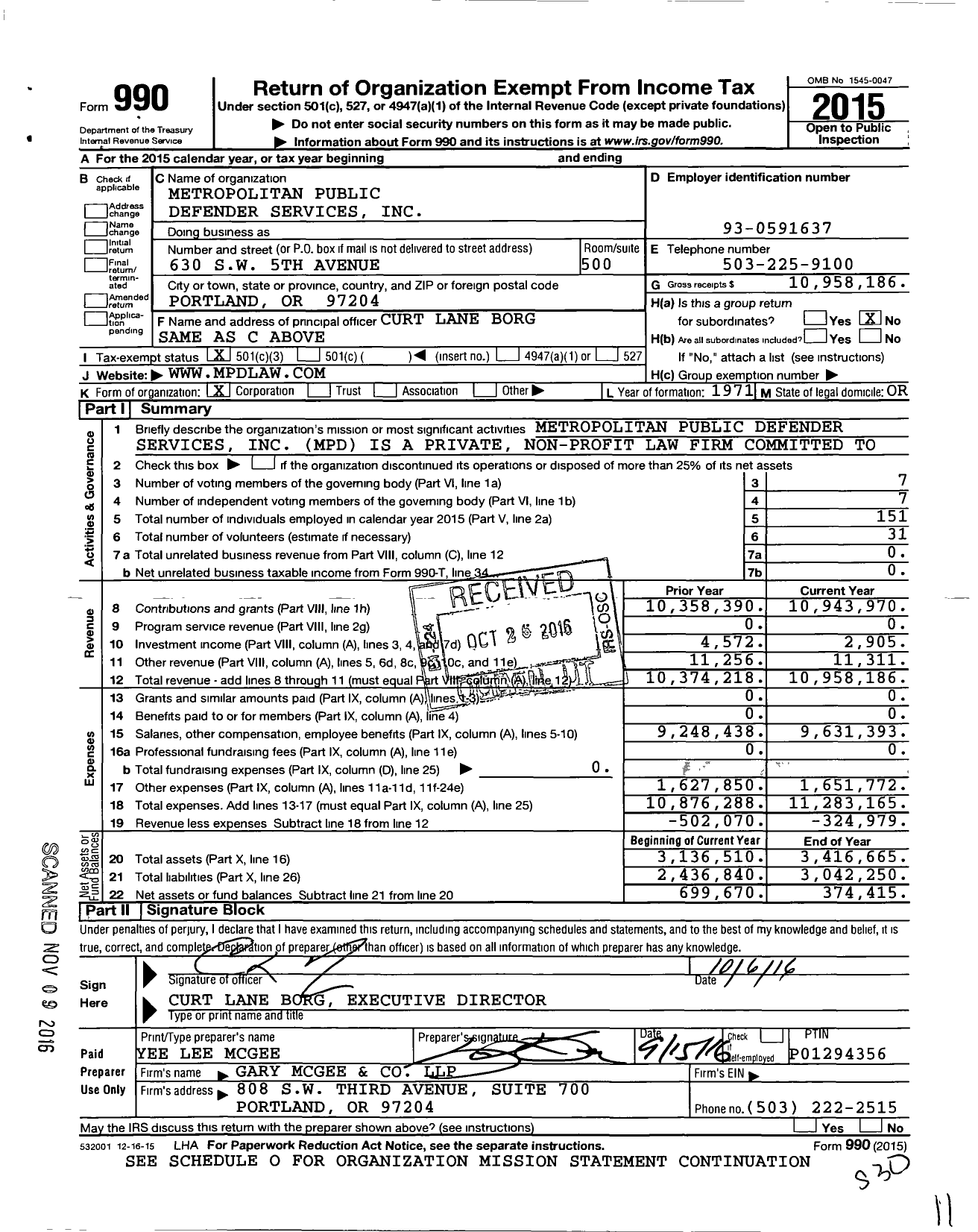 Image of first page of 2015 Form 990 for Metropolitan Public Defender Services