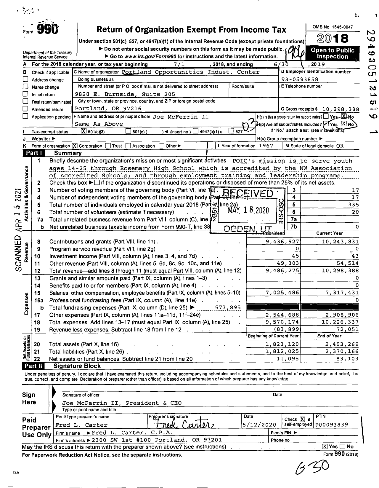 Image of first page of 2018 Form 990 for Rosemary Anderson High School (RAHS)