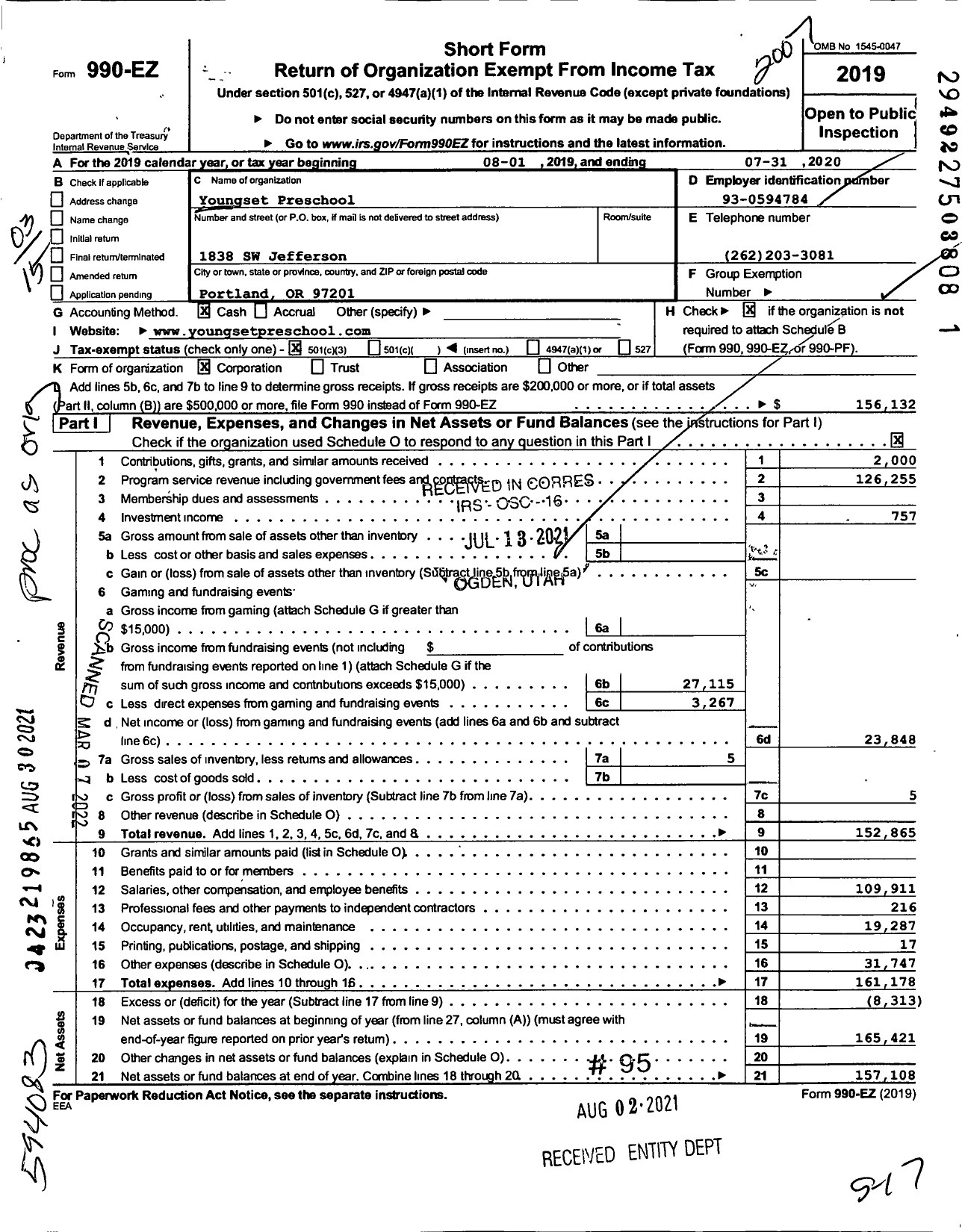 Image of first page of 2019 Form 990EZ for Youngset Preschool