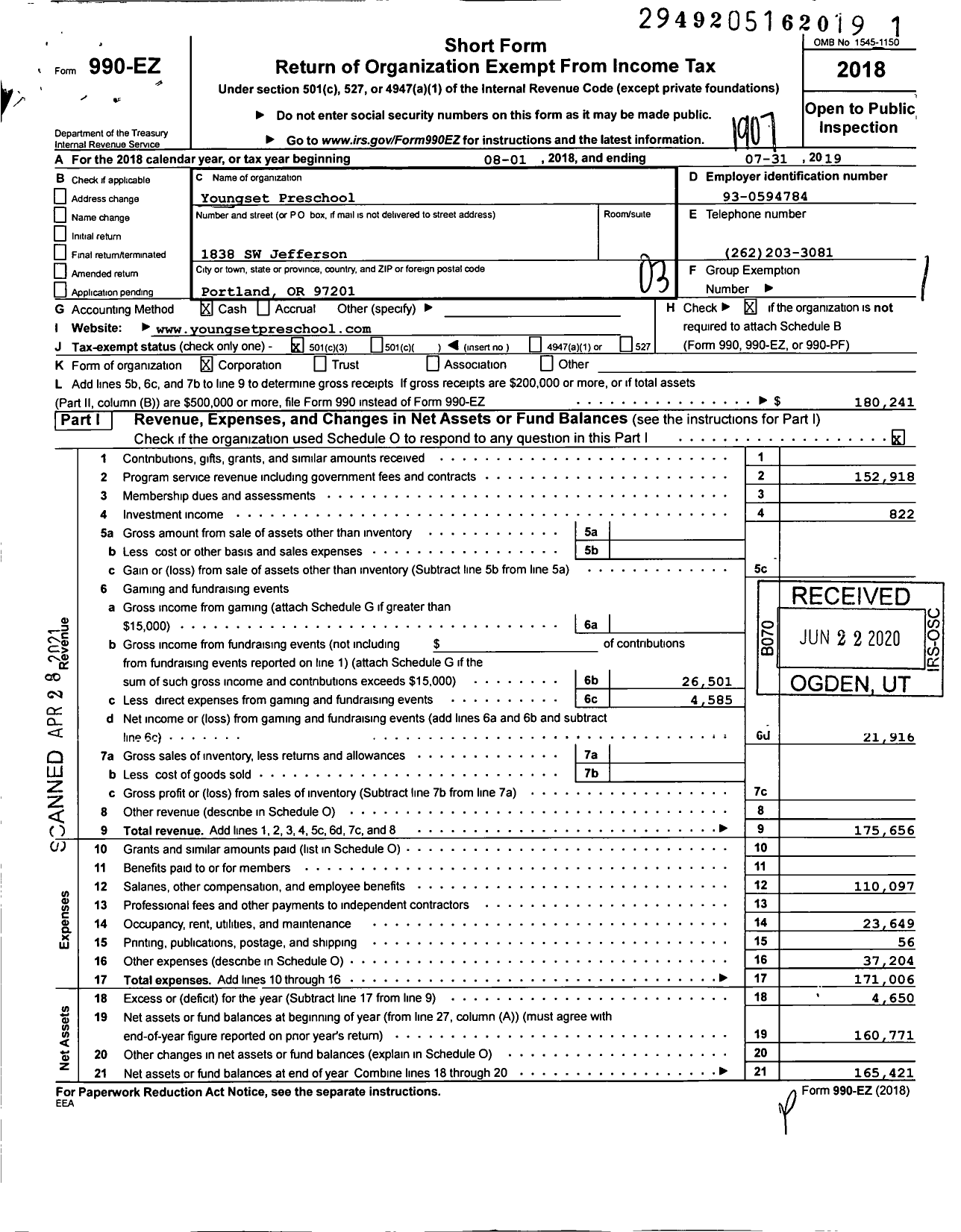 Image of first page of 2018 Form 990EZ for Youngset Preschool