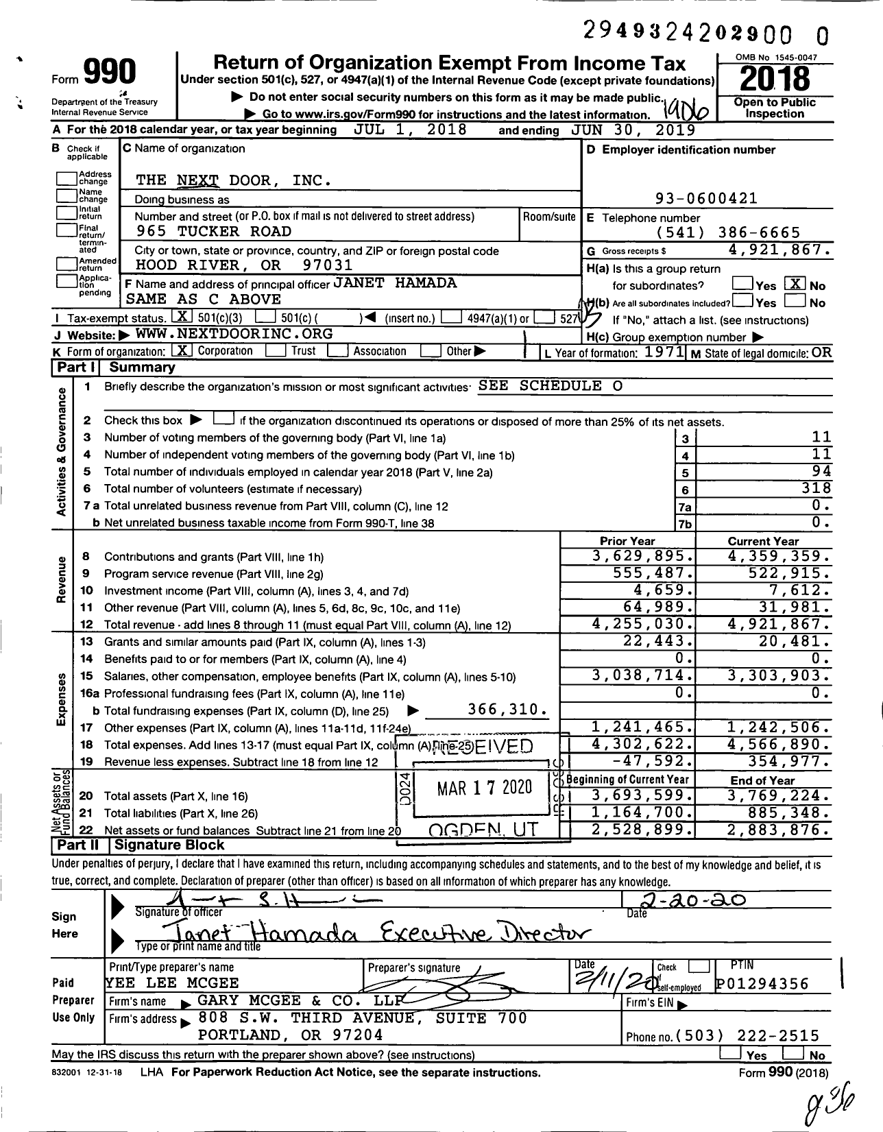 Image of first page of 2018 Form 990 for The Next Door