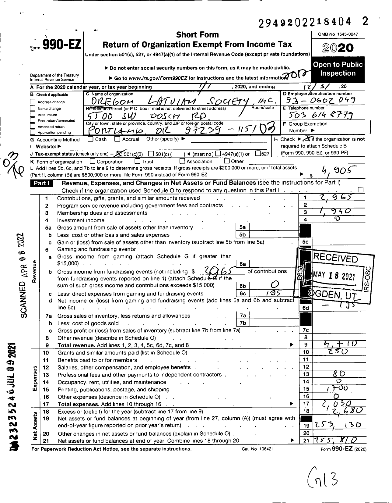 Image of first page of 2020 Form 990EZ for Oregon Latvian Society Charles C Kalnin