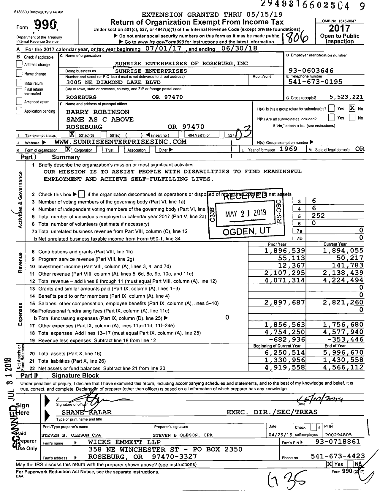 Image of first page of 2017 Form 990 for Sunrise Enterprises