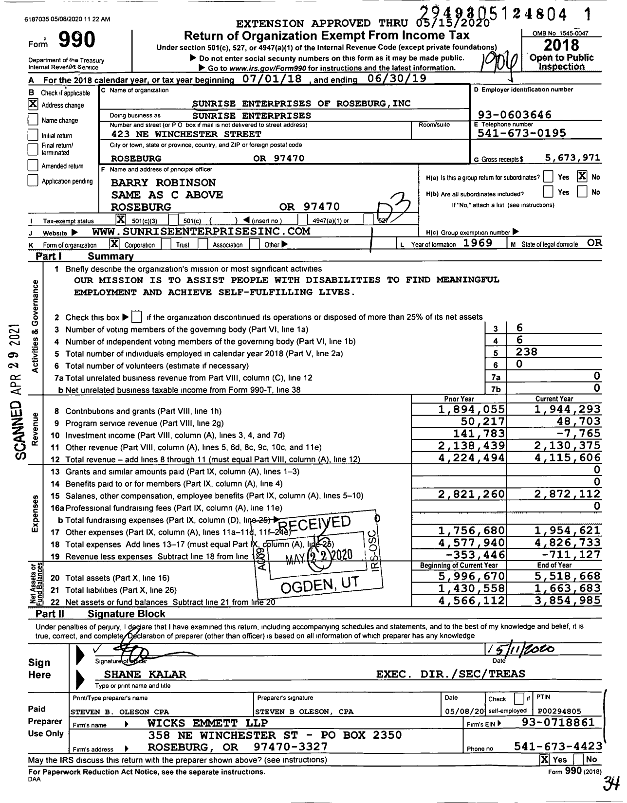 Image of first page of 2018 Form 990 for Sunrise Enterprises