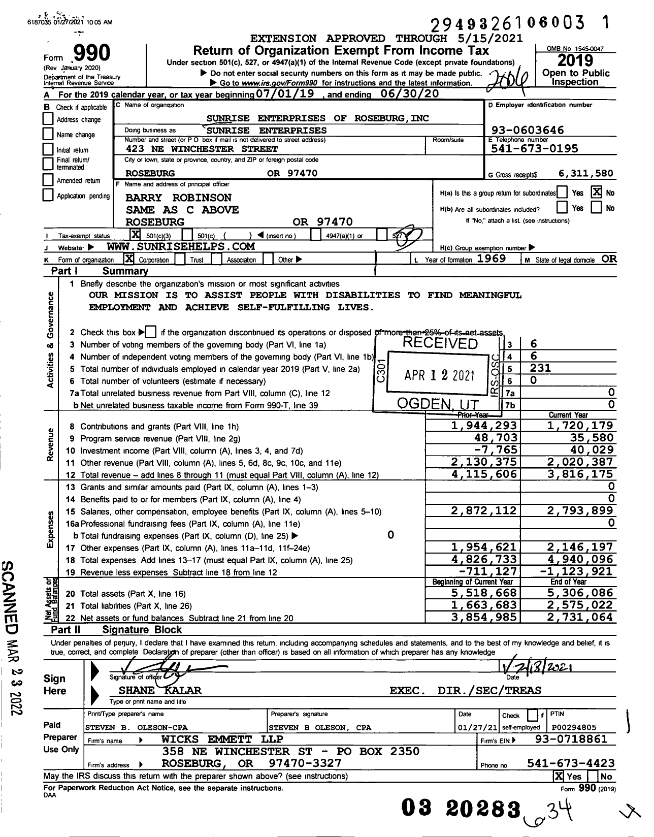 Image of first page of 2019 Form 990 for Sunrise Enterprises