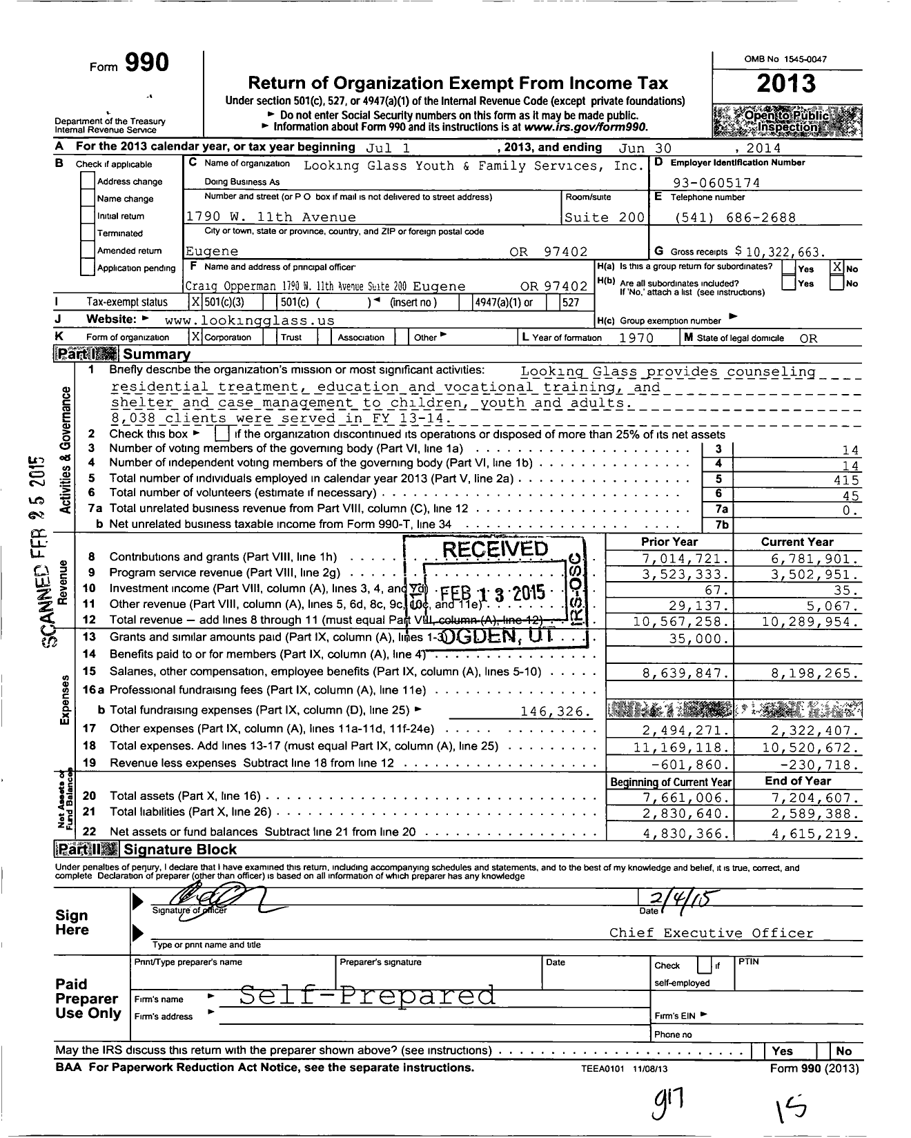 Image of first page of 2013 Form 990 for Looking Glass Community Services