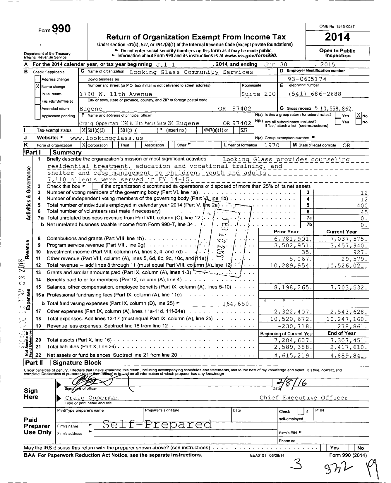 Image of first page of 2014 Form 990 for Looking Glass Community Services