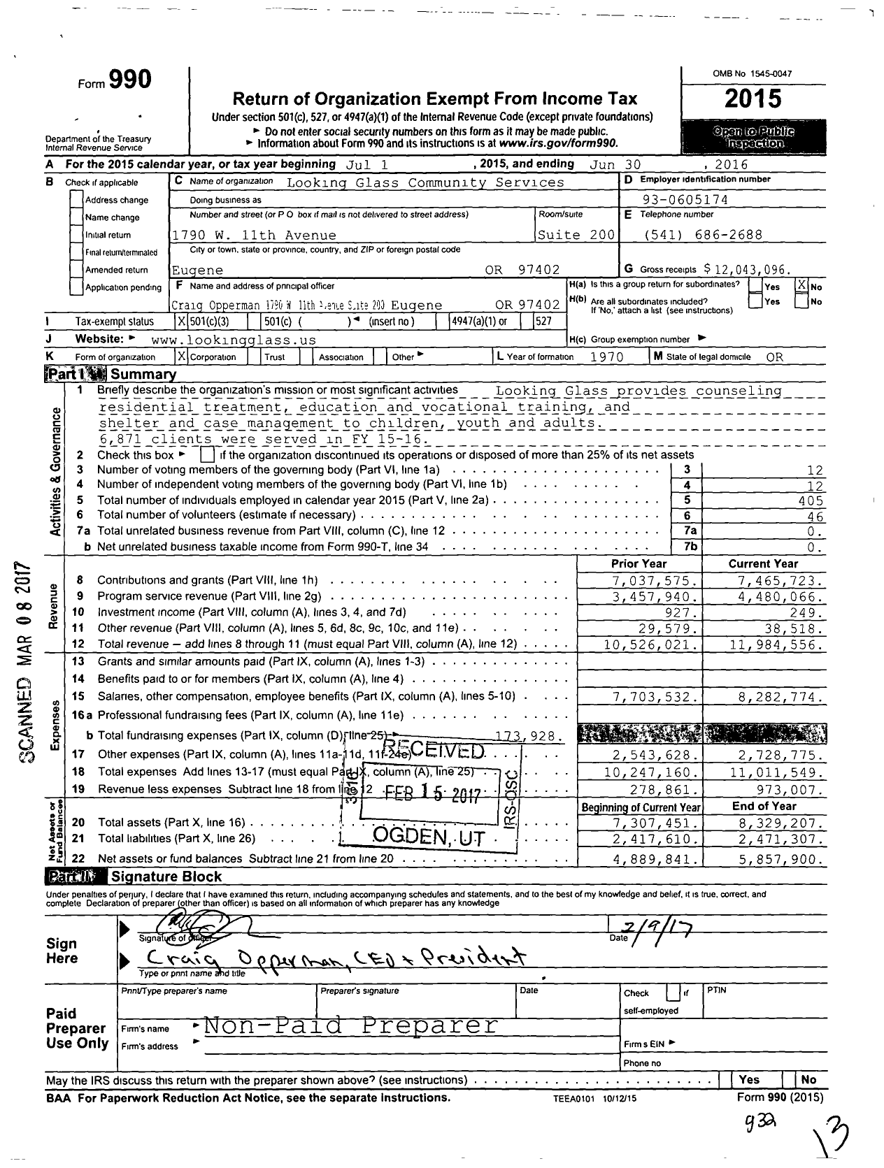 Image of first page of 2015 Form 990 for Looking Glass Community Services