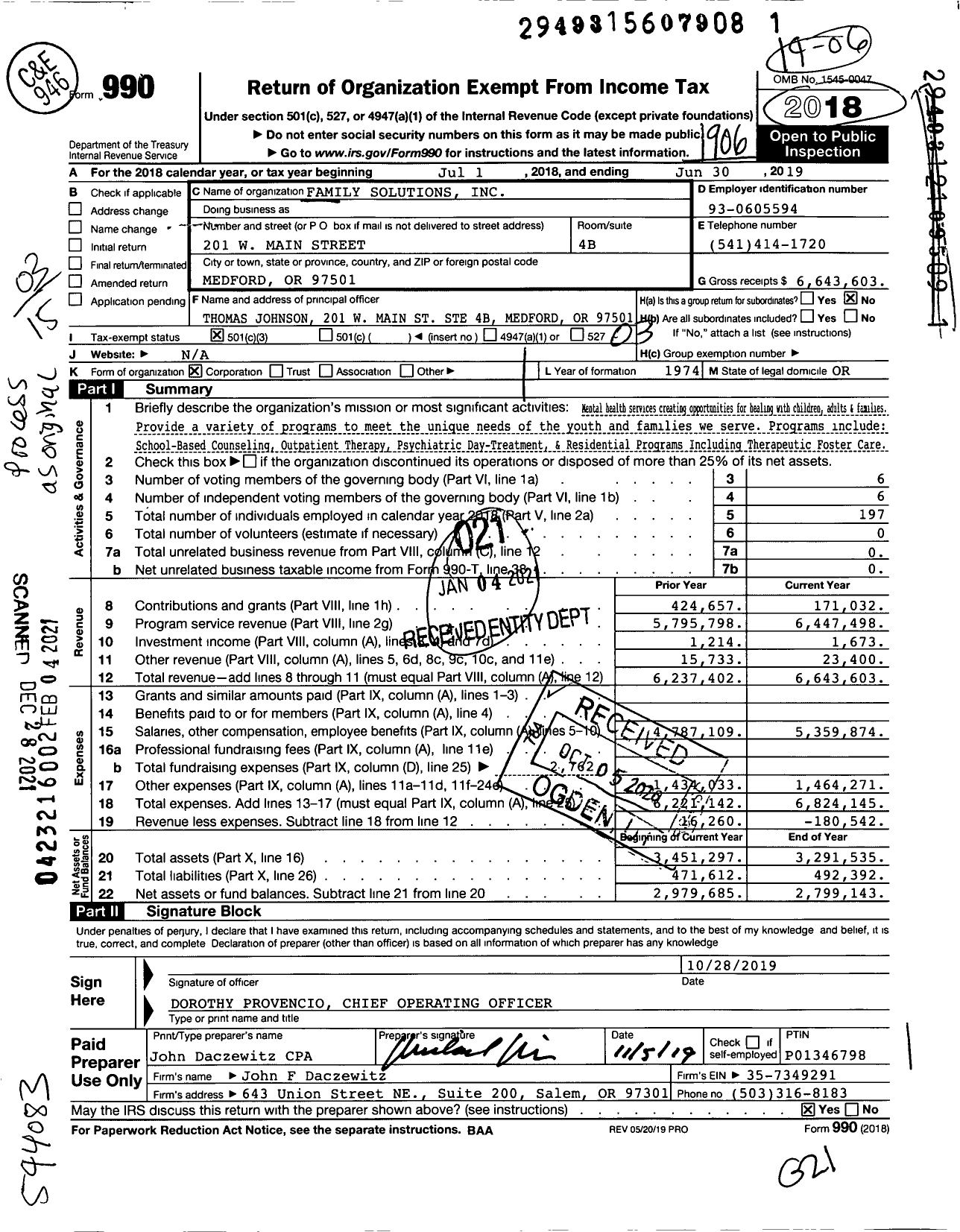 Image of first page of 2018 Form 990 for Family Solutions