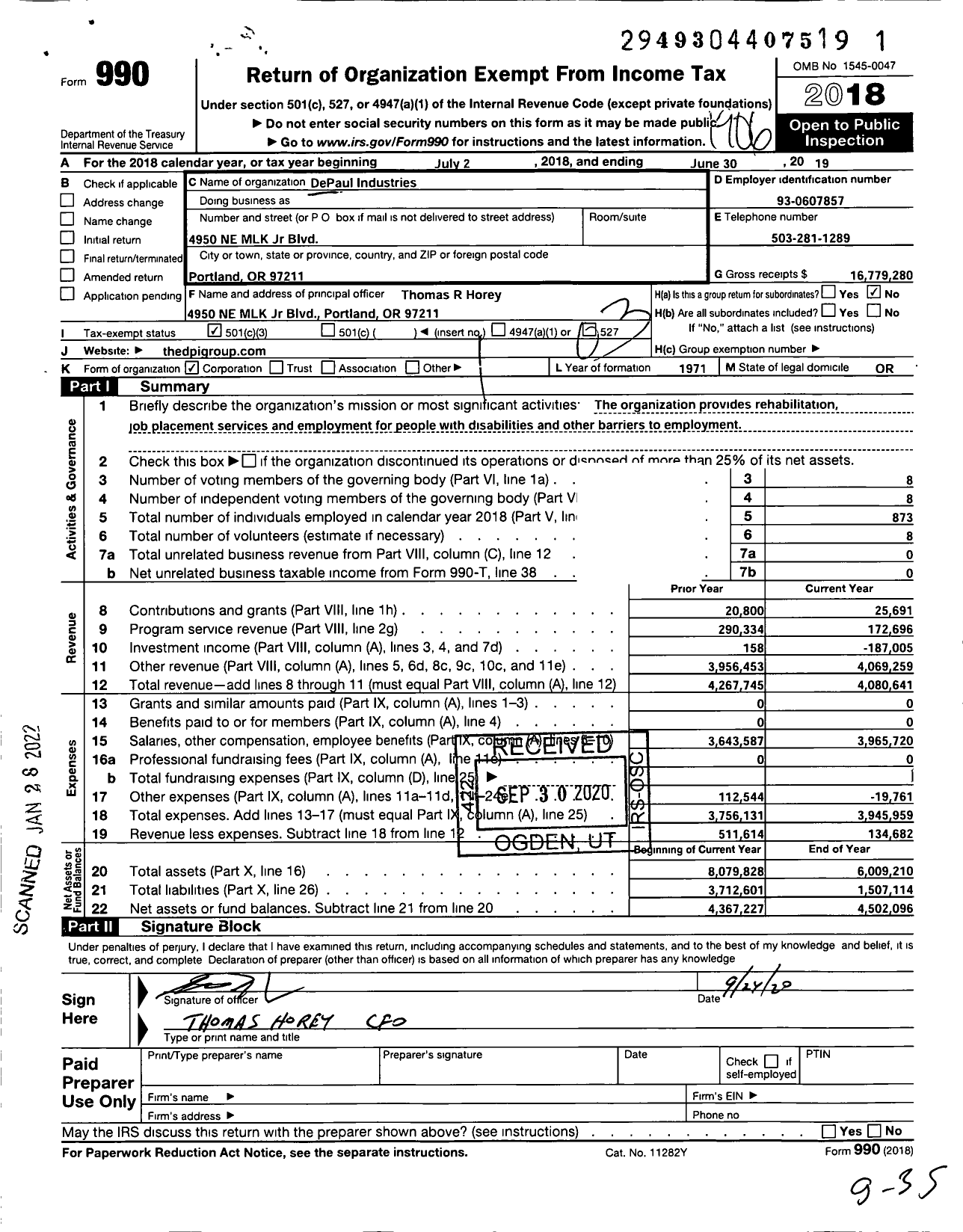 Image of first page of 2018 Form 990 for DePaul Industries