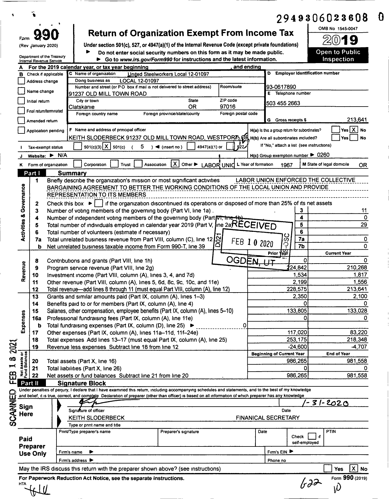 Image of first page of 2019 Form 990O for United Steelworkers - Local 1097