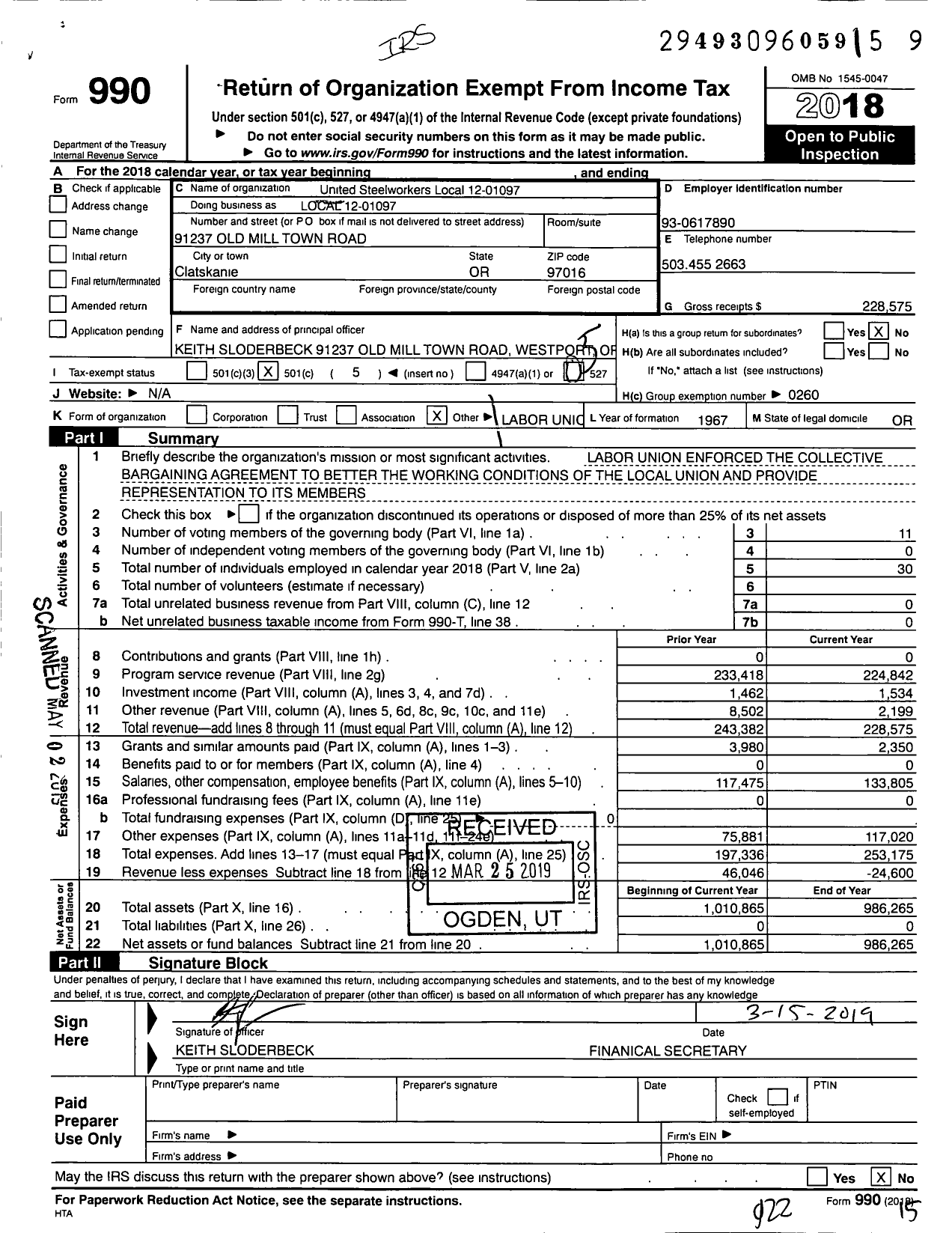 Image of first page of 2018 Form 990O for United Steelworkers - Local 1097