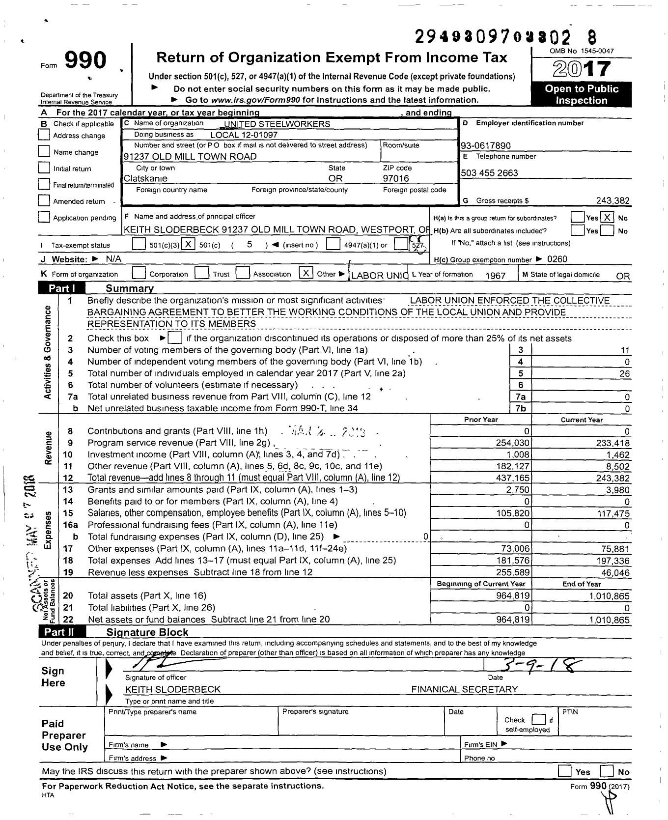 Image of first page of 2017 Form 990O for United Steelworkers Local 1097