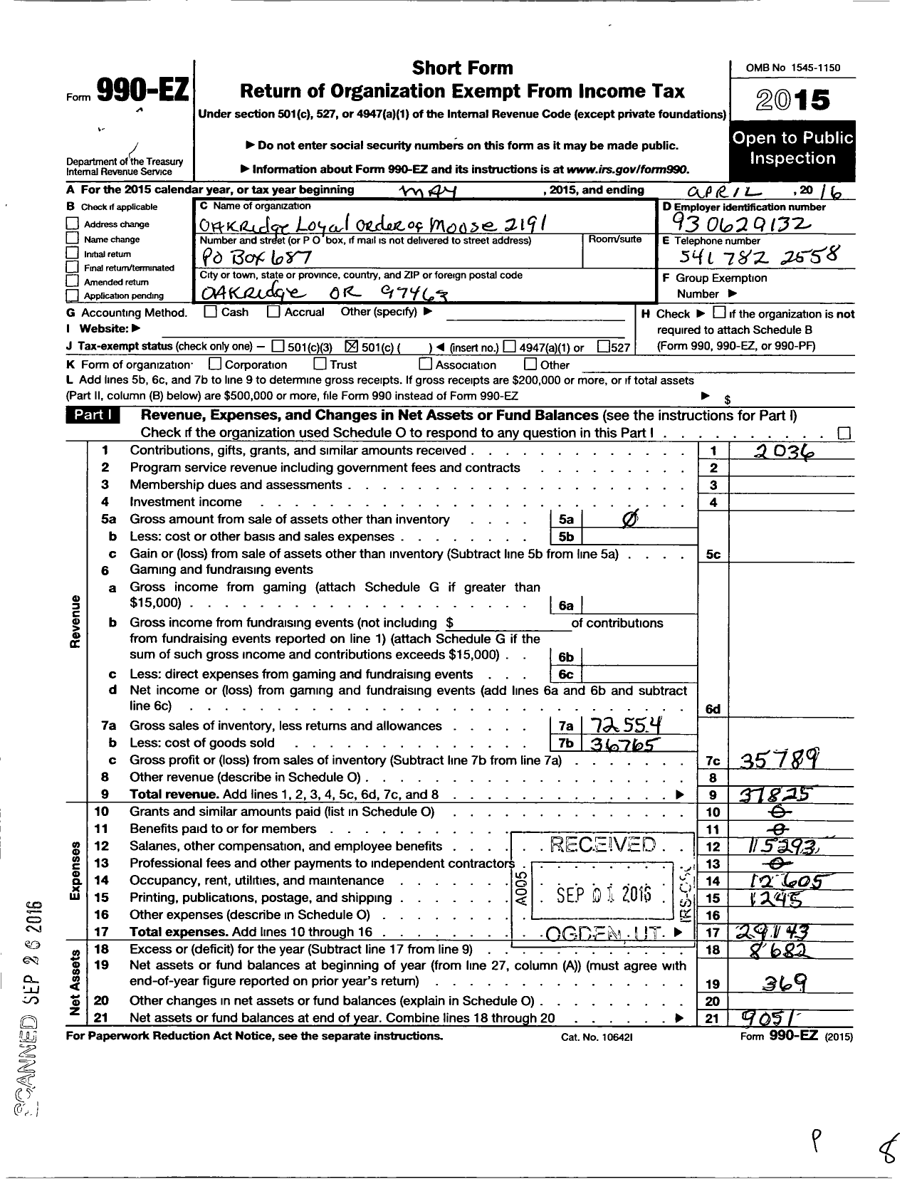 Image of first page of 2015 Form 990EO for Loyal Order of Moose - 2191