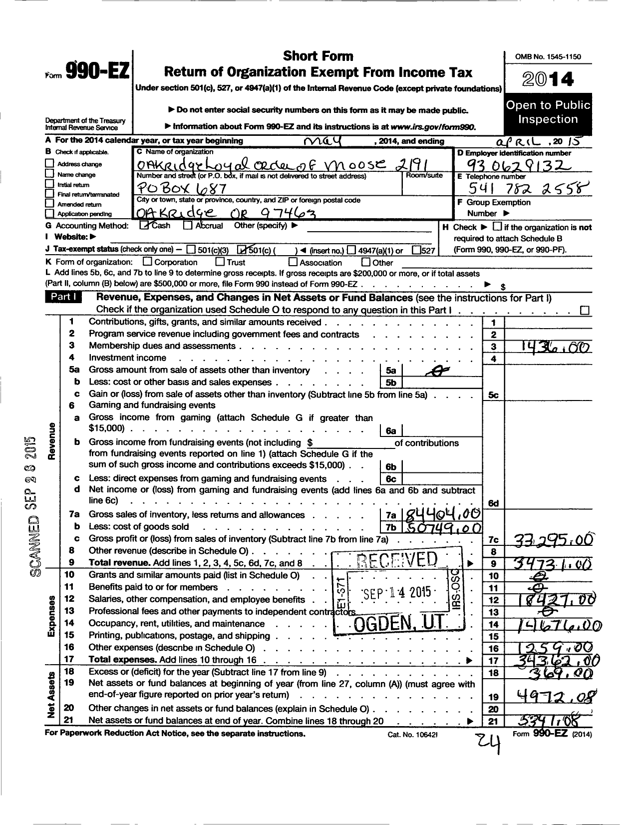 Image of first page of 2014 Form 990EO for Loyal Order of Moose - 2191