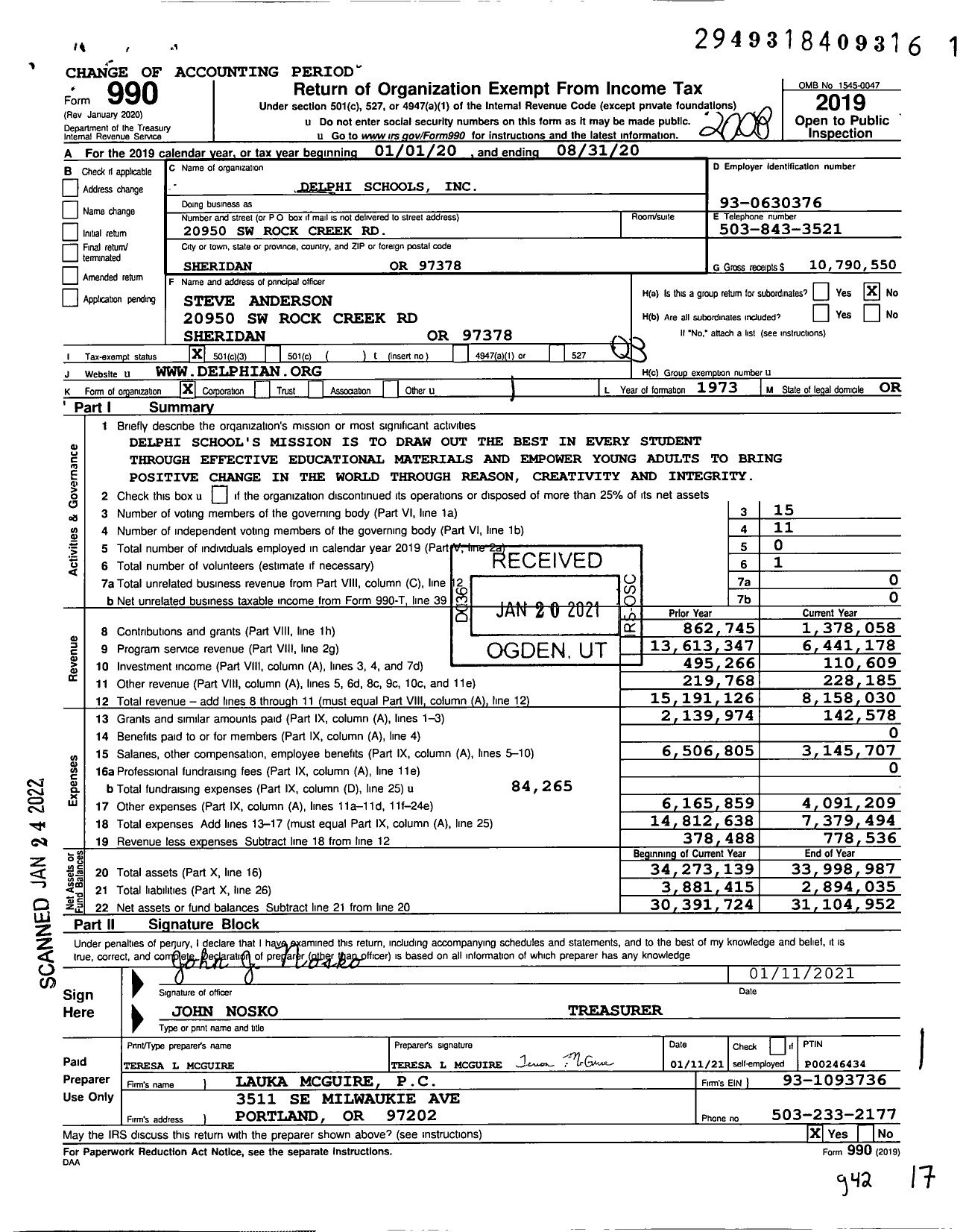 Image of first page of 2019 Form 990 for Delphian School