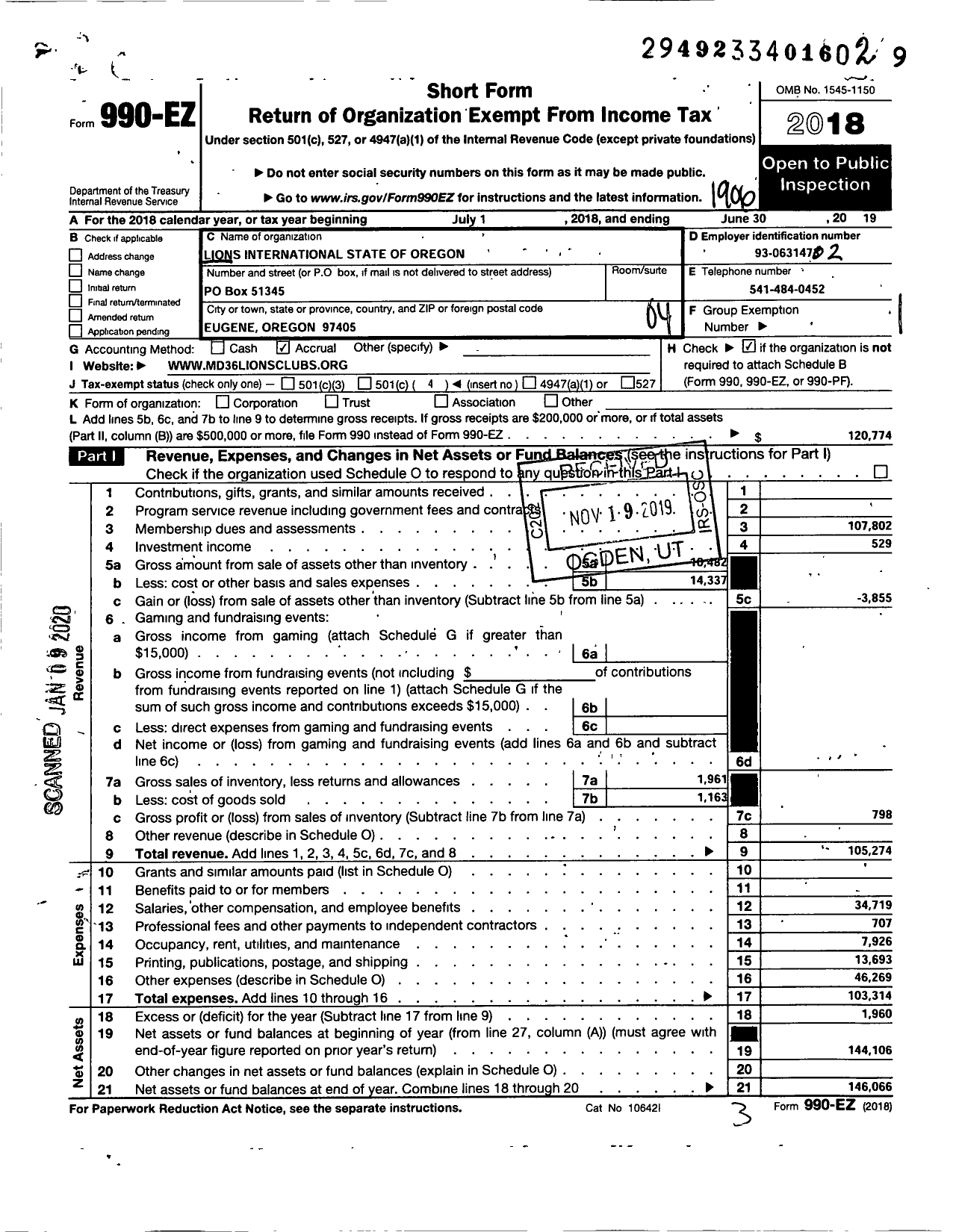 Image of first page of 2018 Form 990EO for Lions Clubs - 27631 36 Multiple District