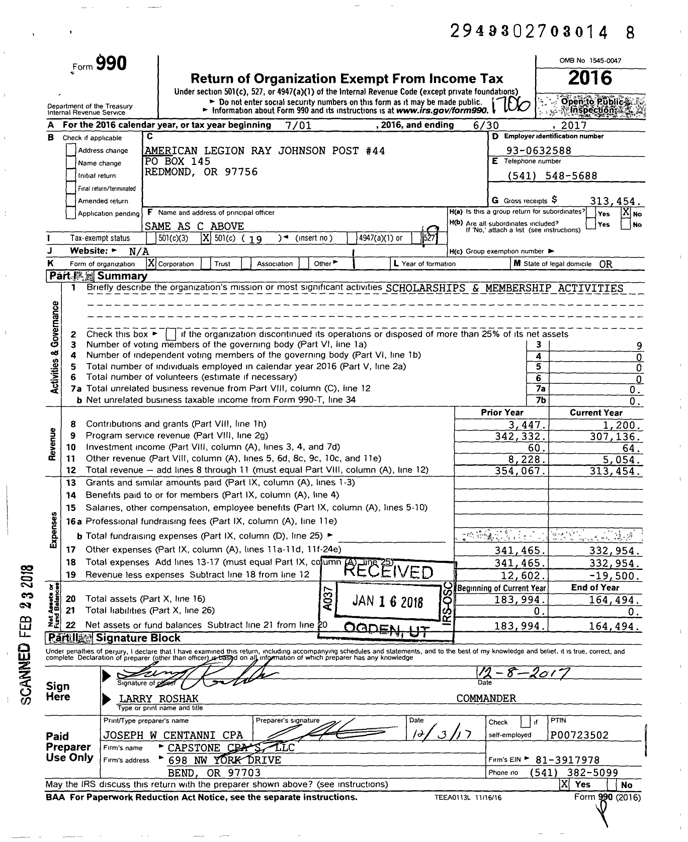 Image of first page of 2016 Form 990O for American Legion - 0044 Ray Johnson
