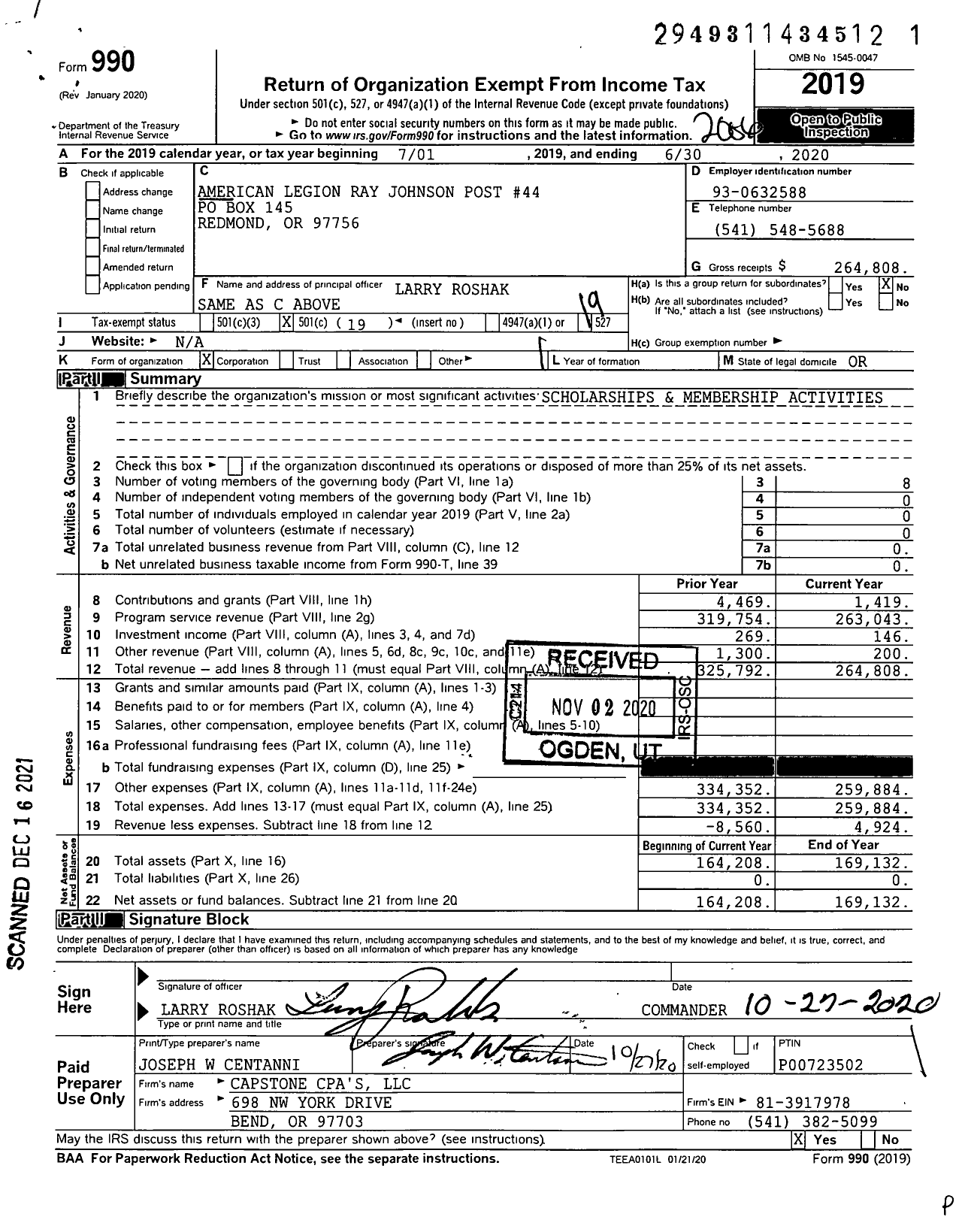 Image of first page of 2019 Form 990O for American Legion - 0044 Ray Johnson