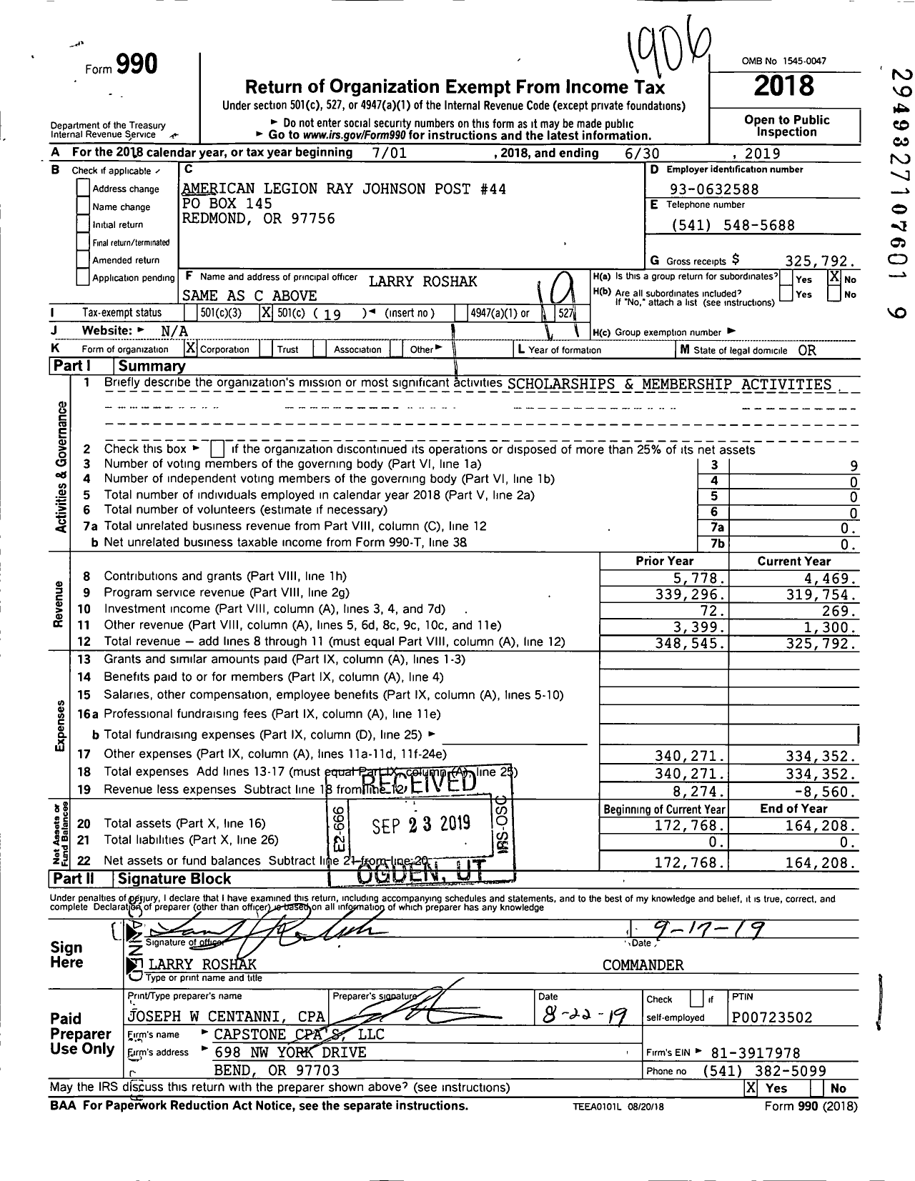 Image of first page of 2018 Form 990O for American Legion - 0044 Ray Johnson