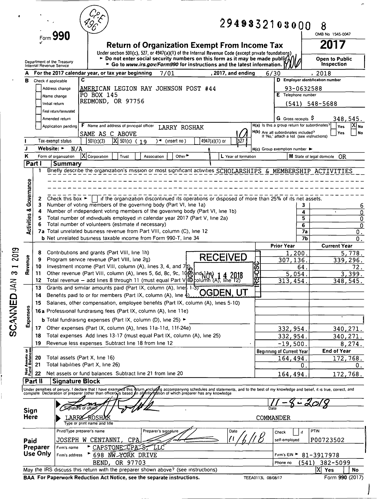 Image of first page of 2017 Form 990O for American Legion - 0044 Ray Johnson