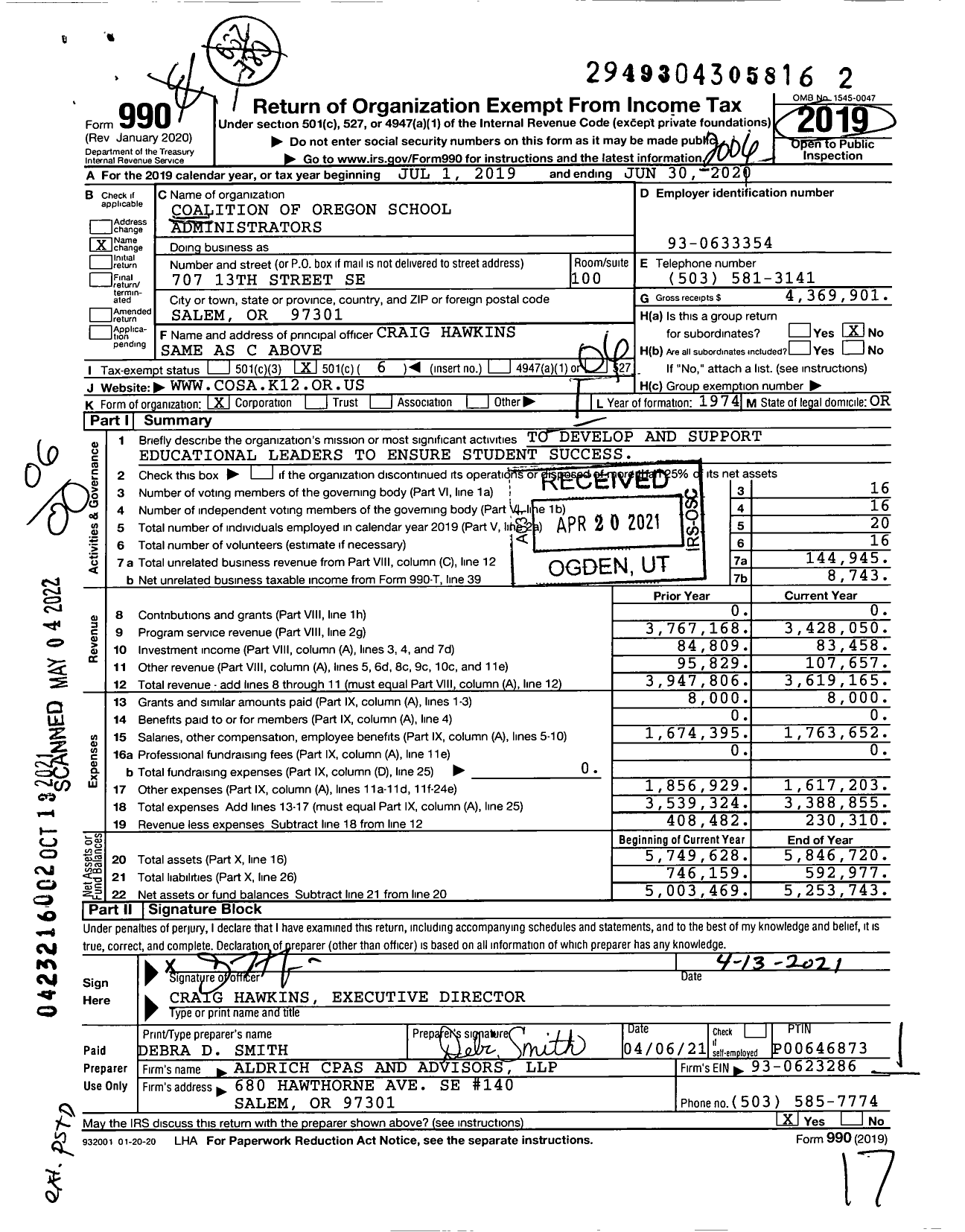 Image of first page of 2019 Form 990O for Coalition of Oregon School Administrators (COSA)