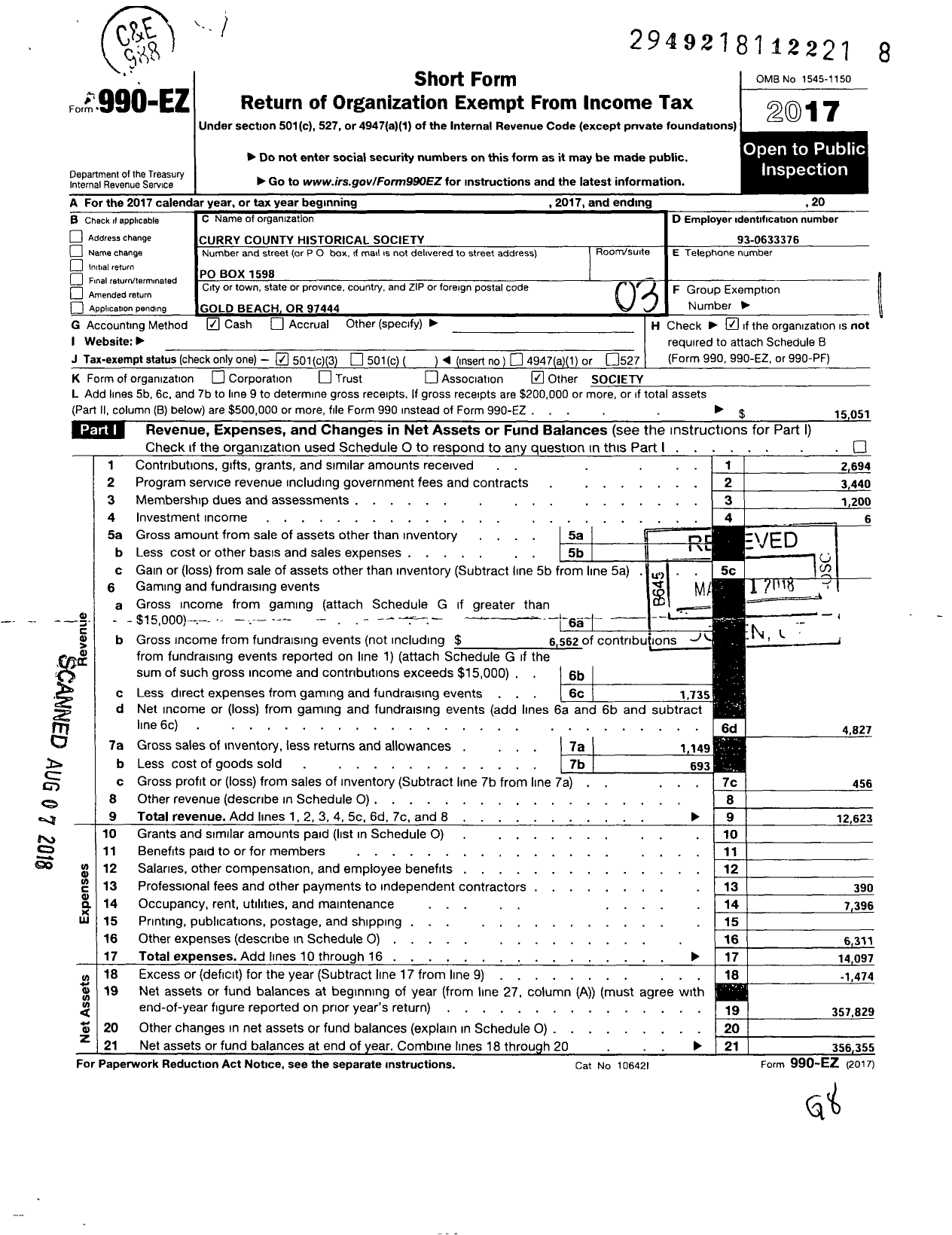 Image of first page of 2017 Form 990EZ for Curry County Historical Society