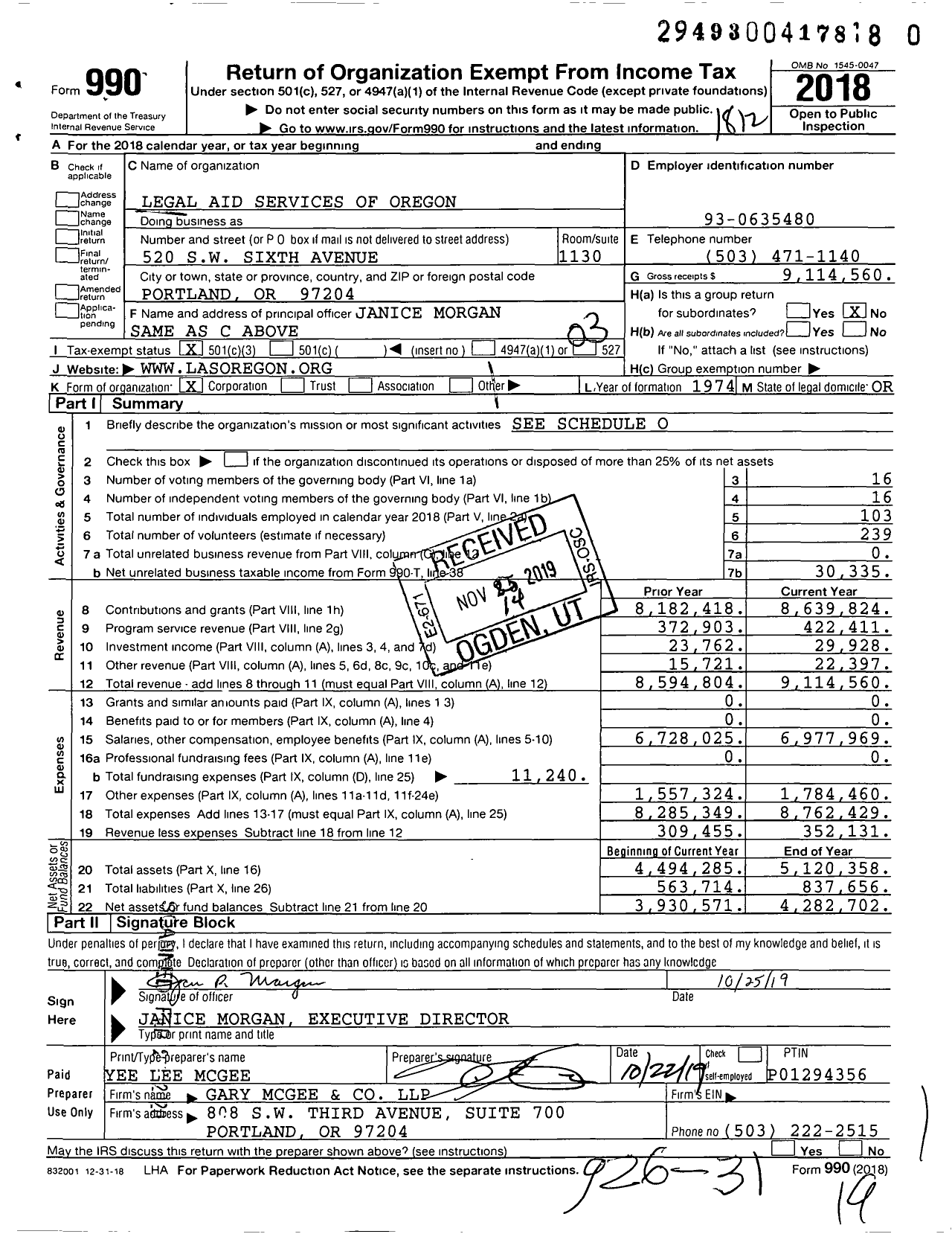 Image of first page of 2018 Form 990 for Legal Aid Services of Oregon (LASO)