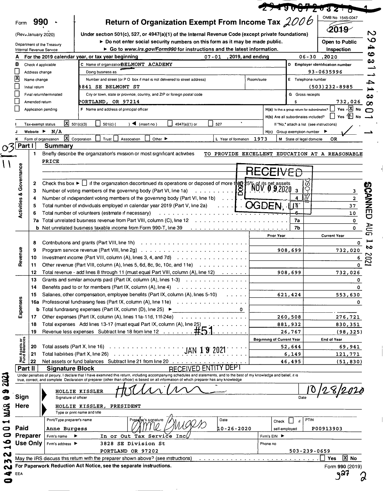 Image of first page of 2019 Form 990 for Belmont Academy