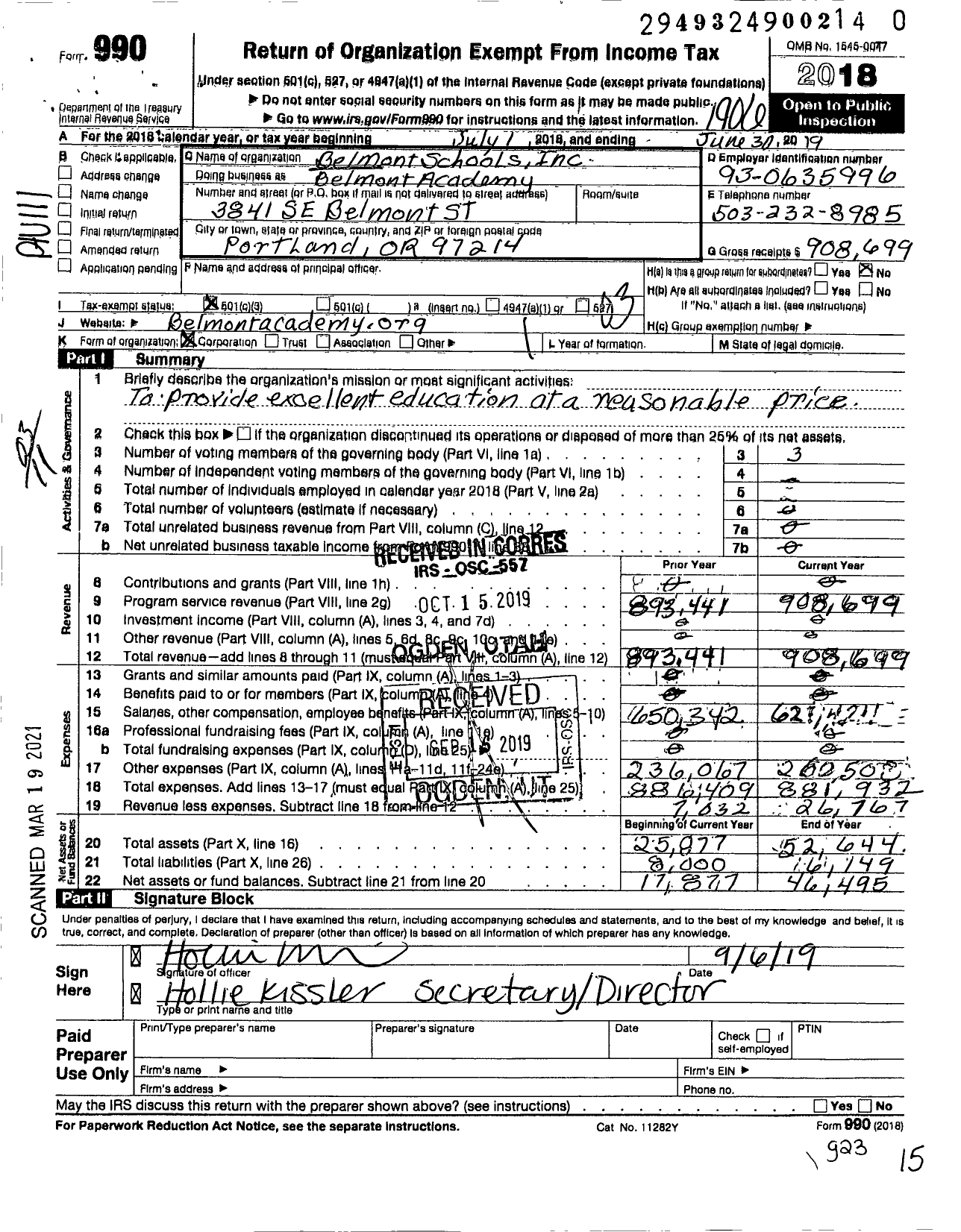 Image of first page of 2018 Form 990 for Belmont Academy