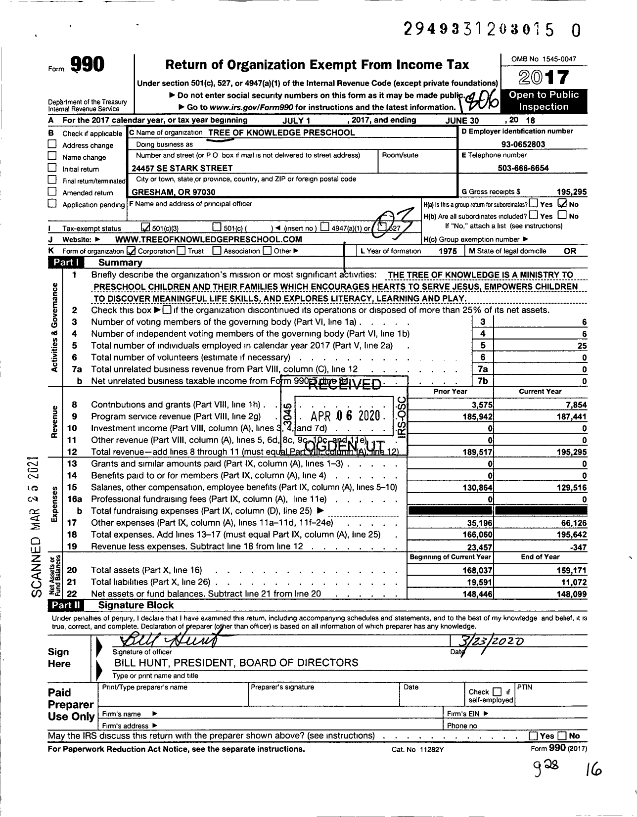 Image of first page of 2017 Form 990 for Tree of Knowledge Preschool