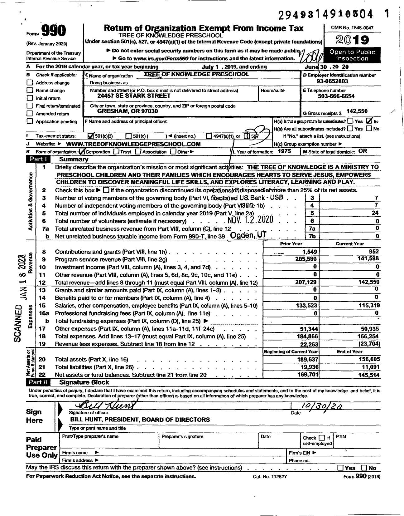 Image of first page of 2019 Form 990 for Tree of Knowledge Preschool